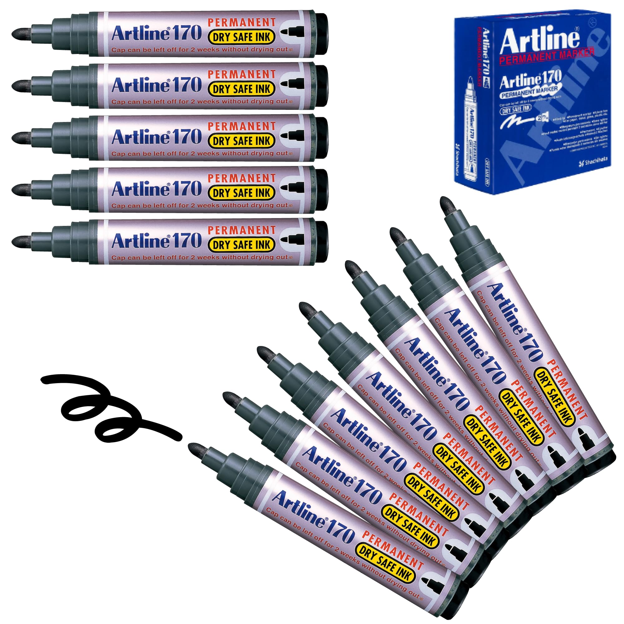Artline 170 - Marcador permanente (2 mm, 12 unidades), color negro | No seco durante 2 semanas sin tapa, tinta rica, punta redonda fiable de 2 mm, para arte o uso profesional