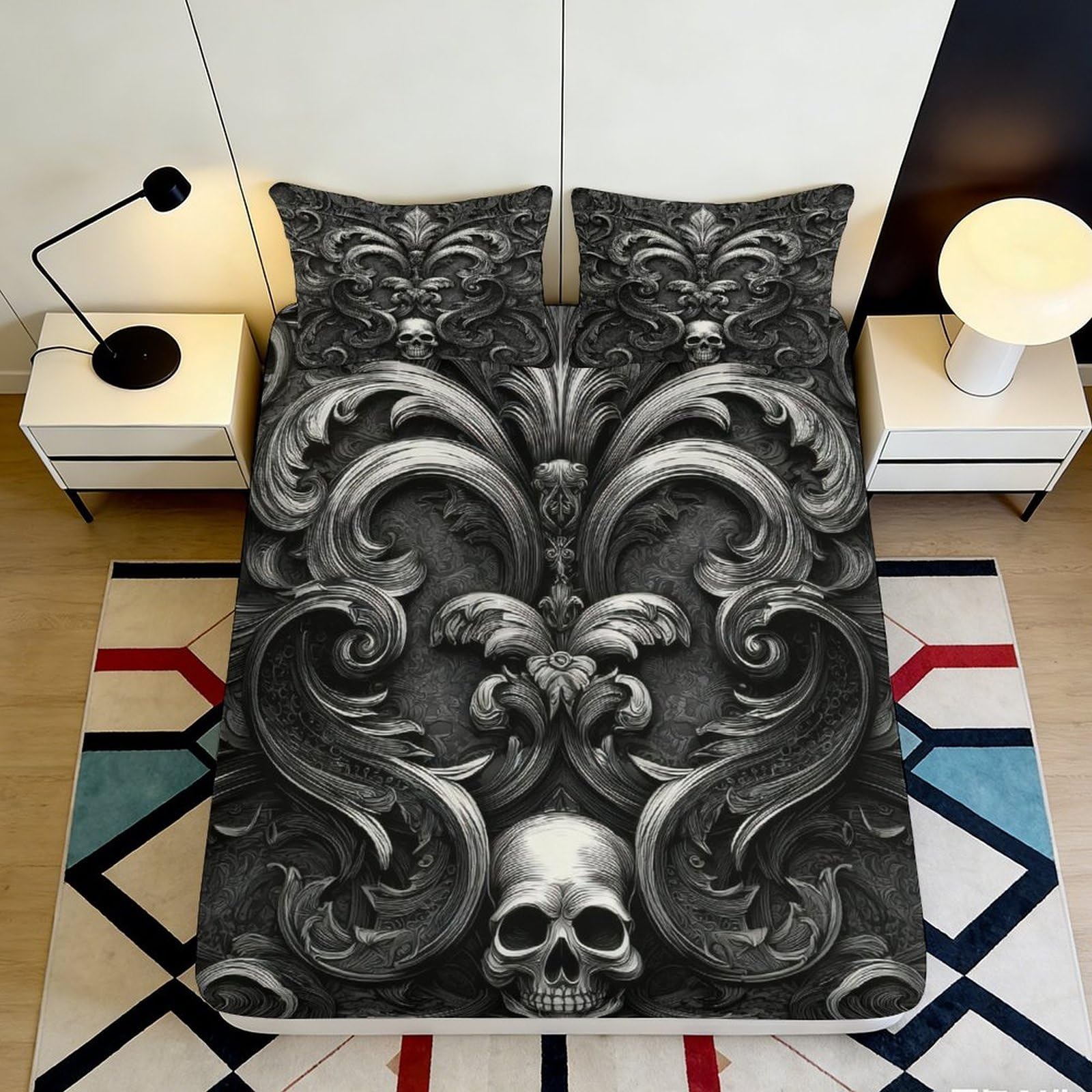3D Printed Gothic Skull Fitted Sheet Microfiber Durable Soft 3D Baroque Style Mattress Cover for Bedroom Dormitory Guest Room Decor Protection 120x200x25cm