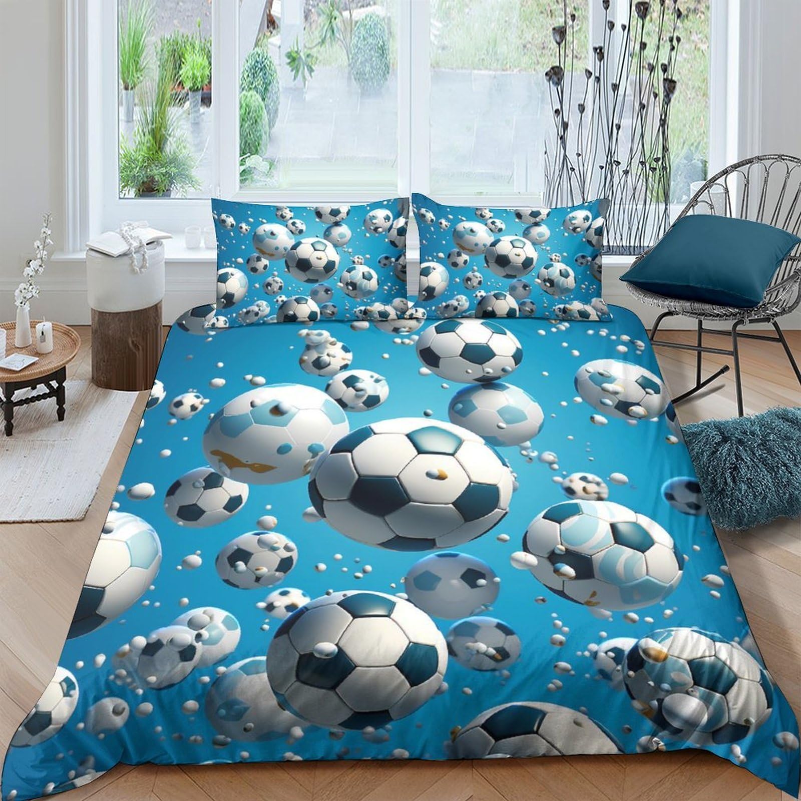 Ctjqhvkz Style-1 3D Printed Soccer Ball Fitted Sheet Microfiber Soft Blue Football Mattress Cover For Bedroom Guest Room Dorm Decor Single（135X200cm）