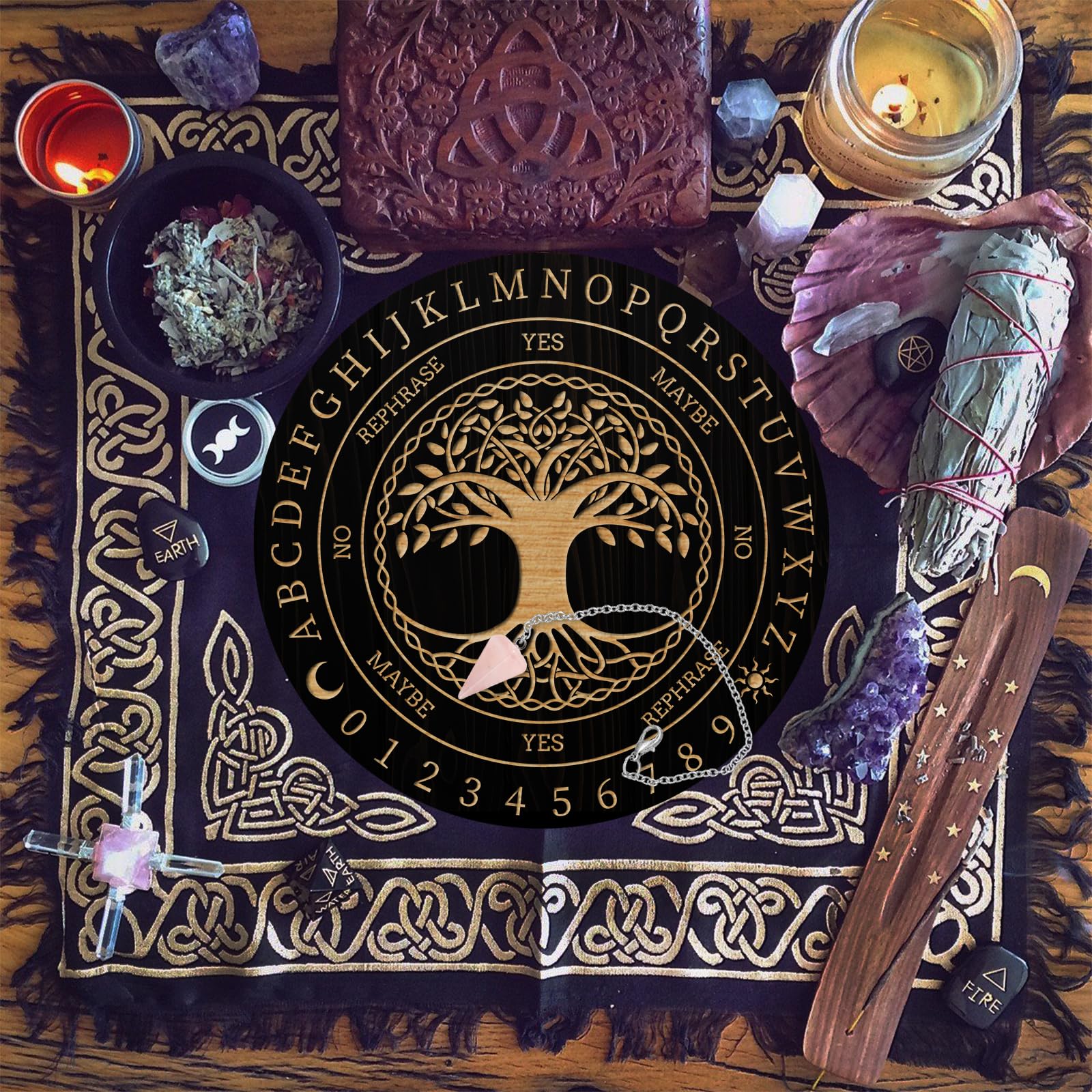 AHANDMAKER Set di Tavole a Pendolo Tavola di Divinazione di Radiestesia Tavola di Messaggio Metafisica con Collana a Pendolo in Cristallo per Forniture di Altare di Stregoneria, Albero della Vita