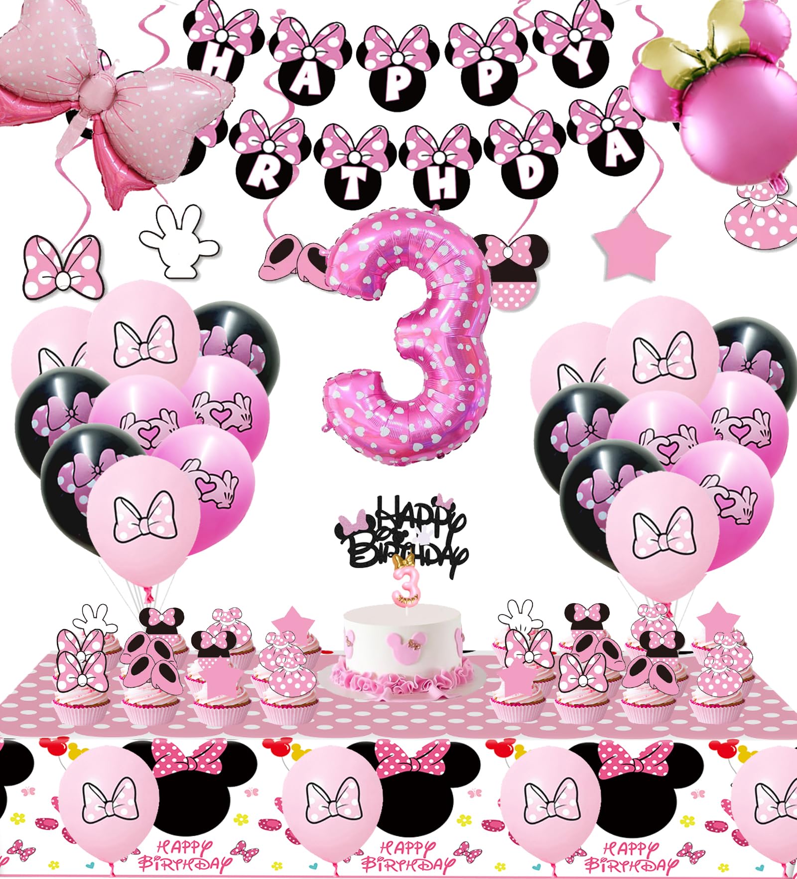 Pink Mouse 3rd Birthday Party Decorations Banner Tablecloth Balloons etc | Three Years Old Girl cartoon mouse supplies decor 3 Banner Hanging Swirls Table cover Cake Cupcake Toppers Bow Foil Balloons
