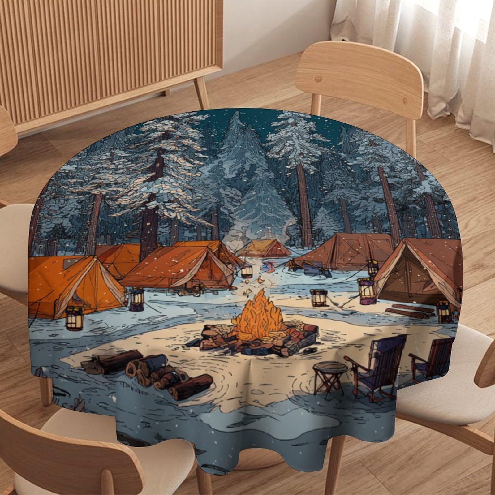 LUYYSKY Beautiful Realistic Winter Camping Waterproof Round Tablecloth Colorful Funny Snowy Forest Campfire Tent Pattern Washable Table Cover for Kitchen-152.4" Wx152.4 L cm