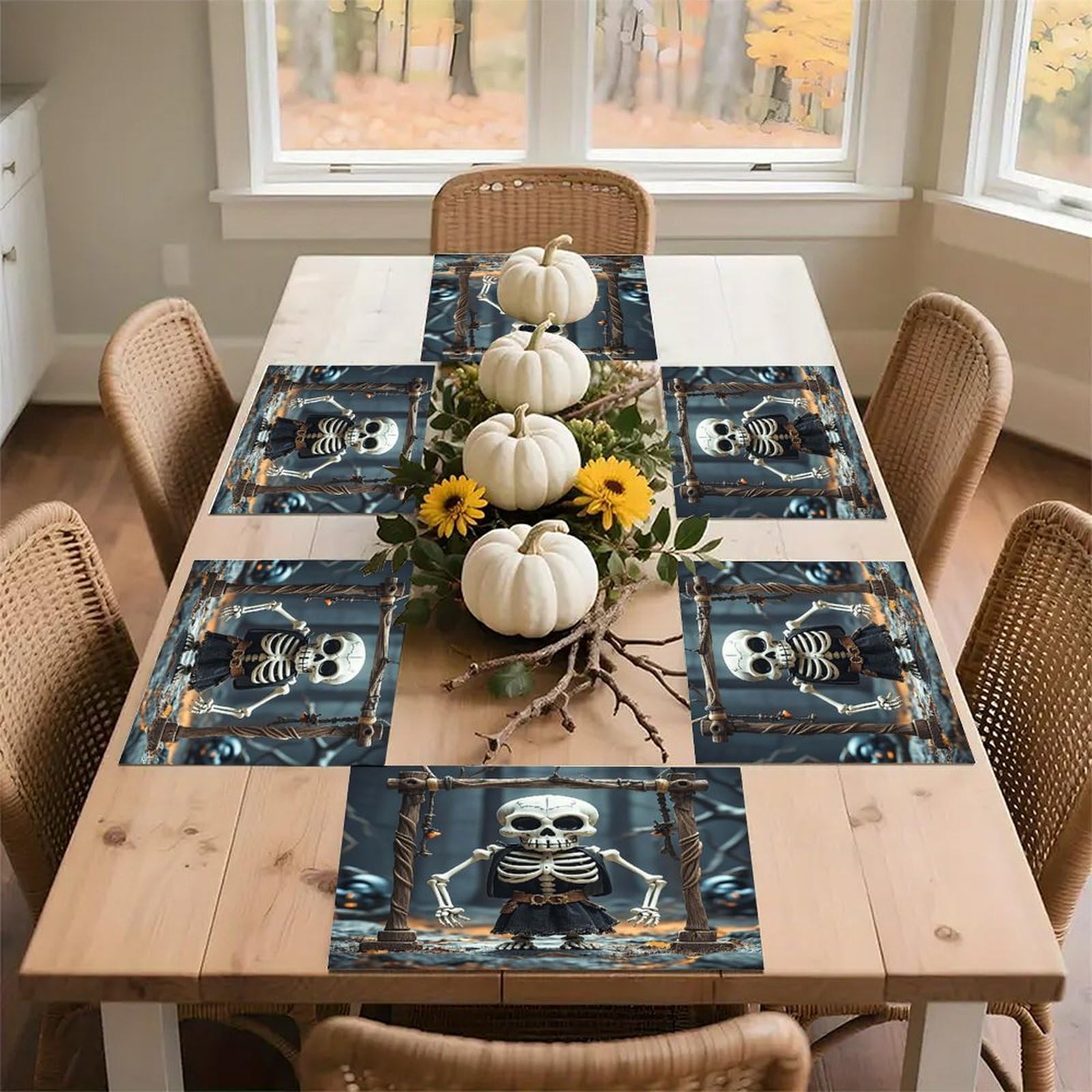 Skull Placemats Non-Slip Heat Resistant Table Mats Flax Washable Cloth Place Mats Easy to Clean Premium Placemat for Kitchen Dining Table Decor Party Outdoor