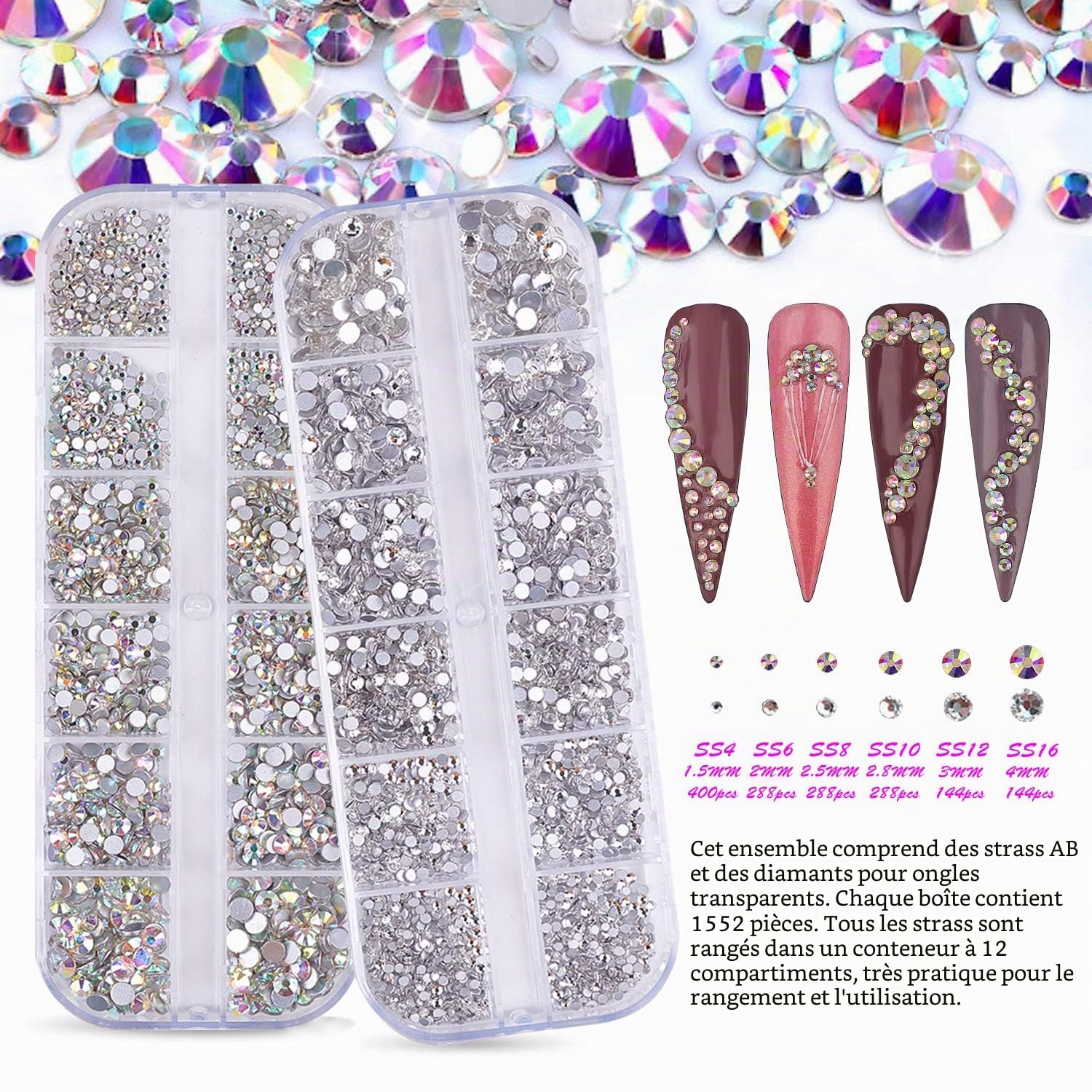 FITDON Strass pour Nail Art, cristal AB strass gemmes dos plat & diamant à ongles clair Pour décoration d'ongles Accessoires DIY Jewel Charms