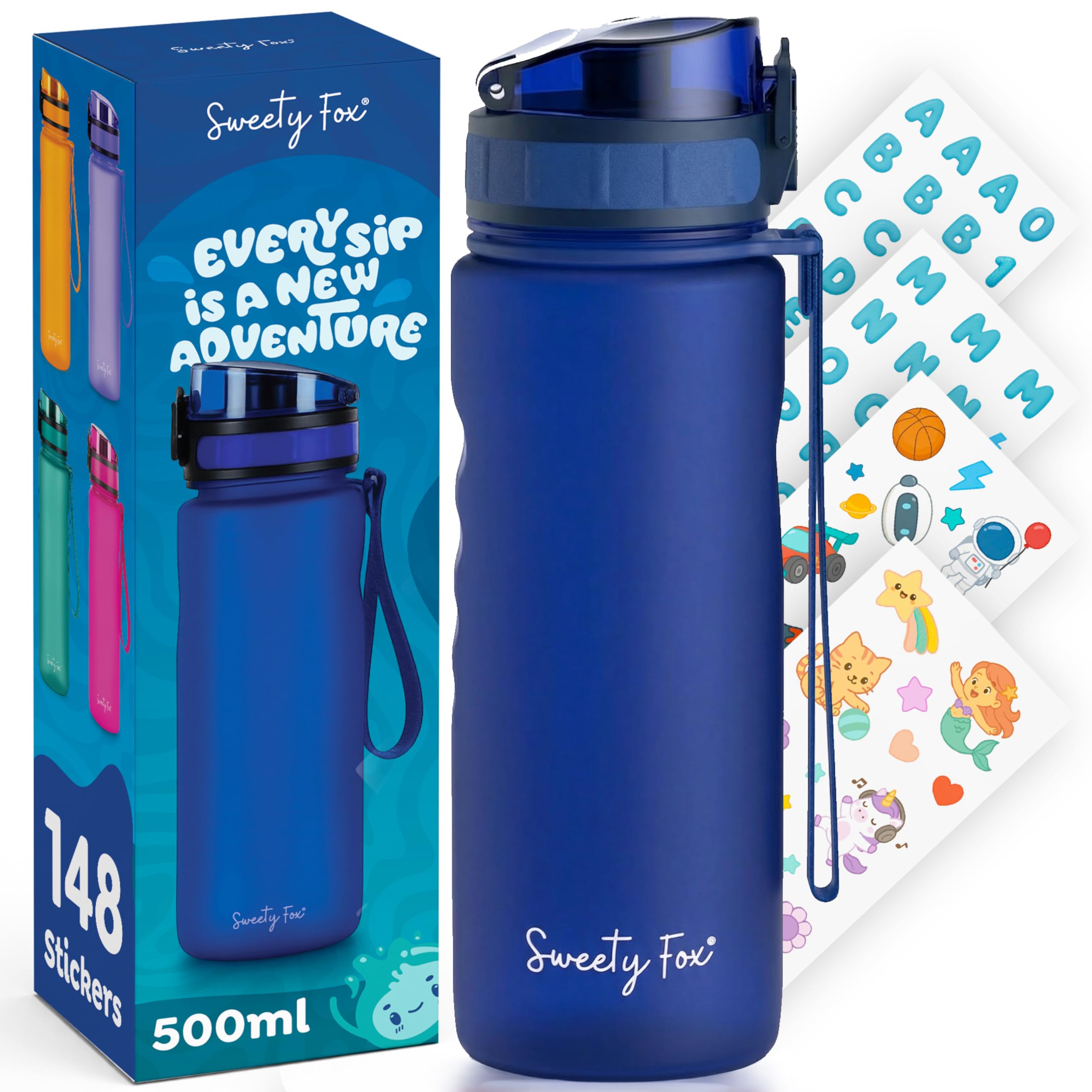 Sweety Fox Trinkflasche Kinder Kohlensäure Geeignet 500ml, Blau - Trinkflasche Sport 100% Auslaufsicher & Wasserflasche Spülmaschinenfest