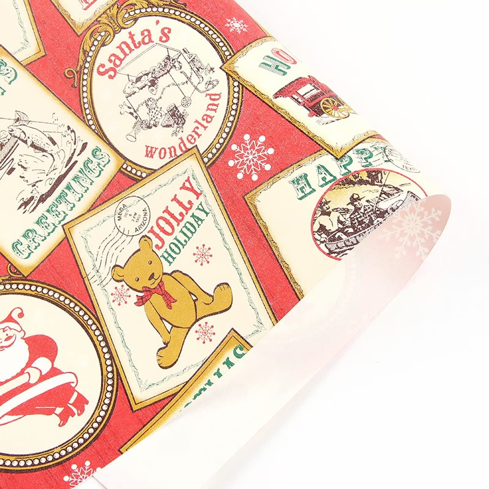 12 Rollen Geschenkpapier, Kraftpapier Weihnachten Süßigkeiten Büffel Spielen Weihnachtsmann Geschenkpapier mit Schnur, Aufkleber für Geburtstag, Babyparty, Urlaub, Party, 19,7 x 27,6 Pro Rolle, Rot