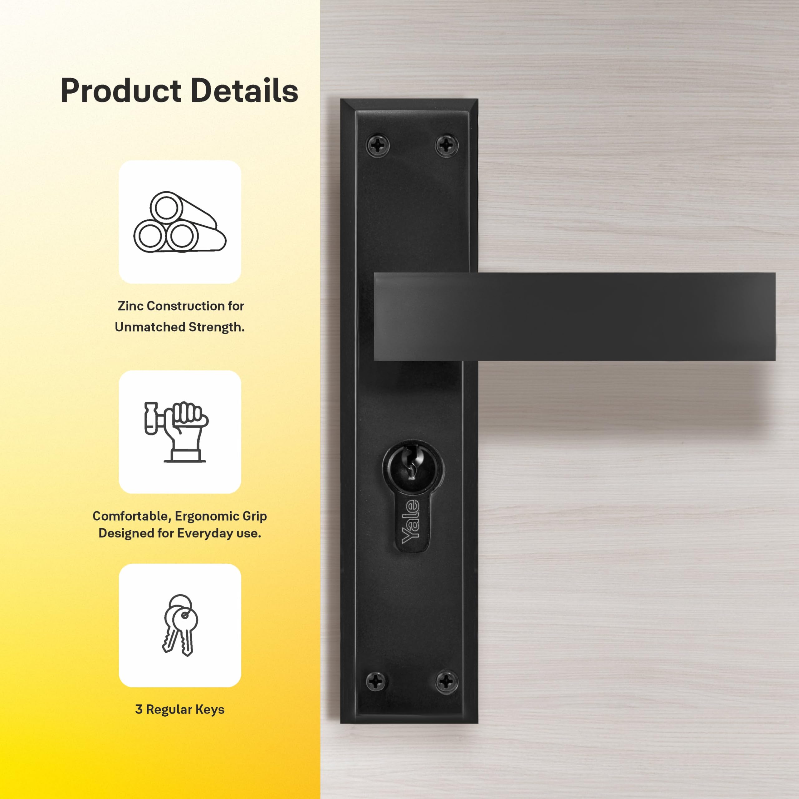 Yale YECM-405-8P-TT-BM Mortise Door Lock for Bedroom/Home/Office/Hotel Suitable for Left/Right Handed Doors, Handle Set Comes with 8" Backplate Thumb Turn, 3 Keys Cylinder and Lock Body (Black Matt) 3