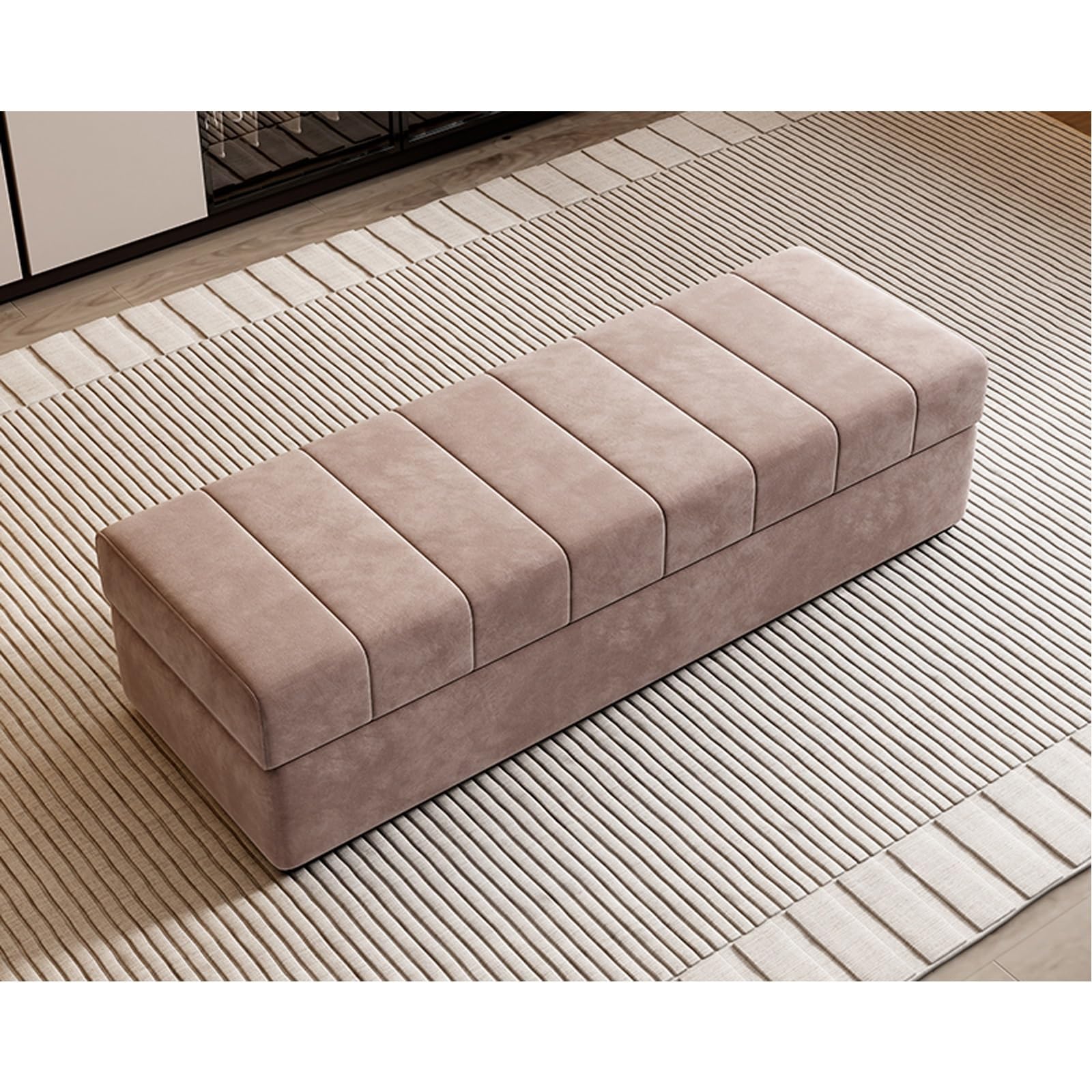 LMMIAOZ Extra Long Cat Claw Flannel Storage Ottoman Bench - Rectangular Footstool for Bedroom & Living Room Shoe Changing Stool Stylish Foot Rest with Hidden Storage Brown