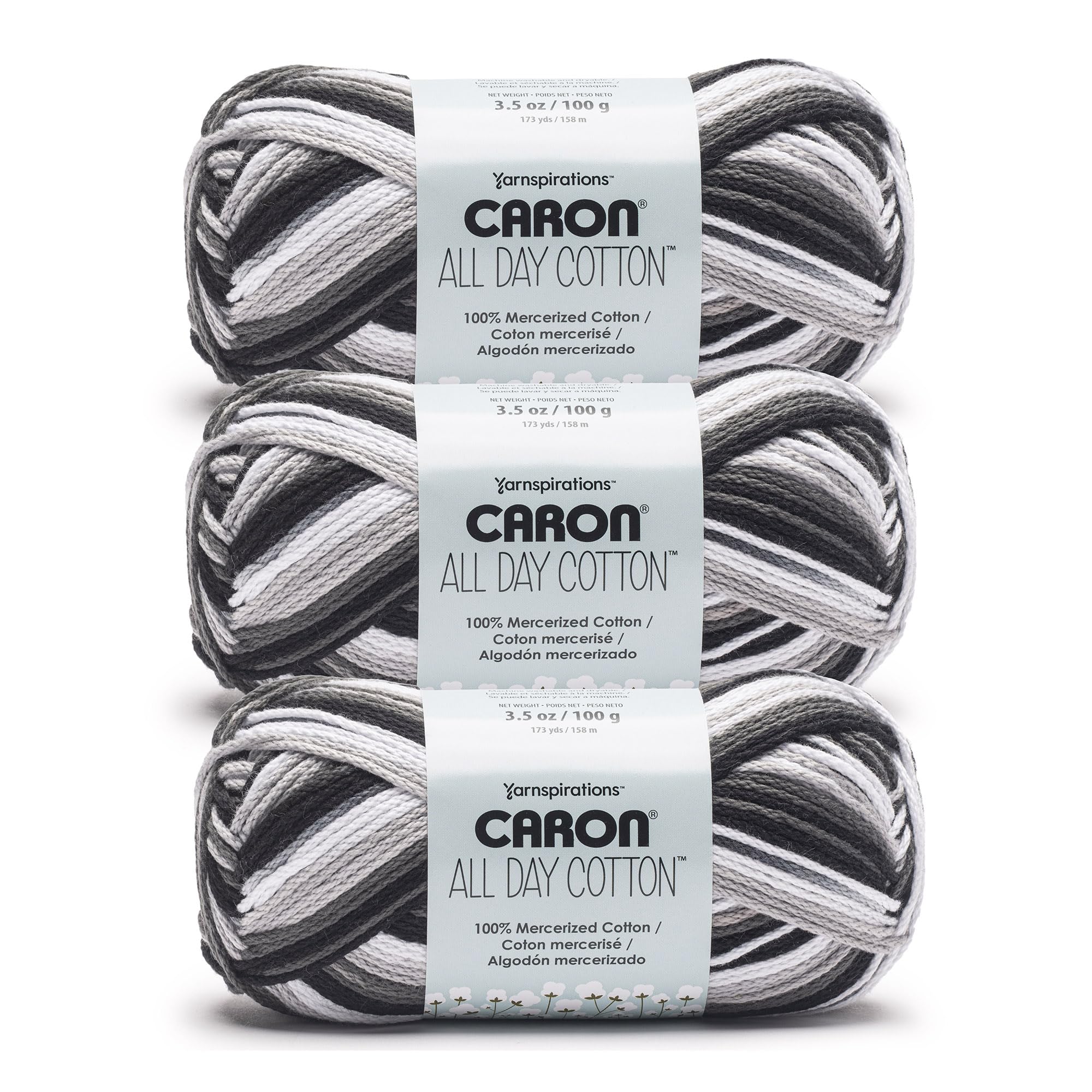 Caron All Day Cotton Prints Yarn for Crocheting, Midnight Storm, 3-Pack