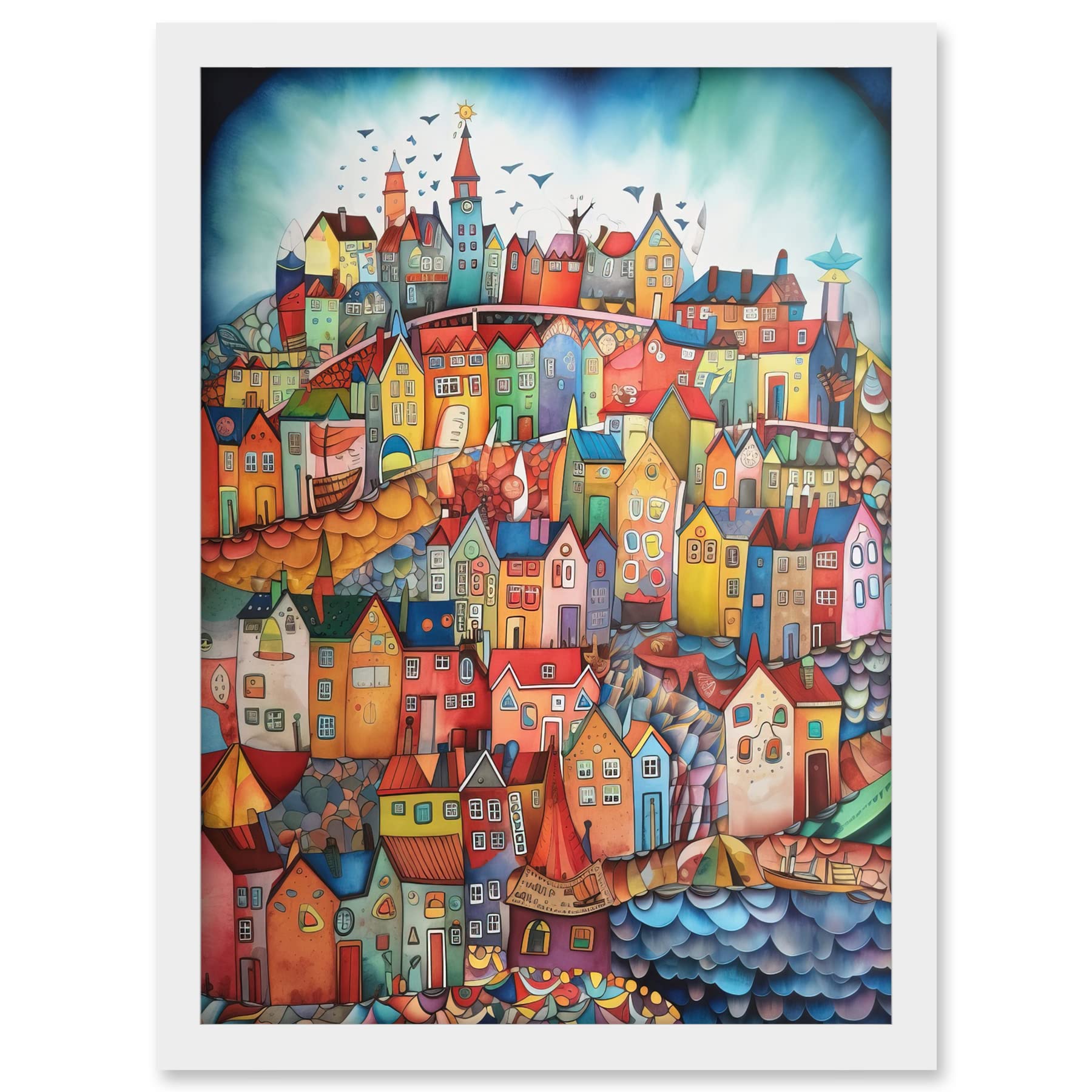 Artery8 Abstract Fishing Village Folk Art Artwork Framed A3 Wall Art Print