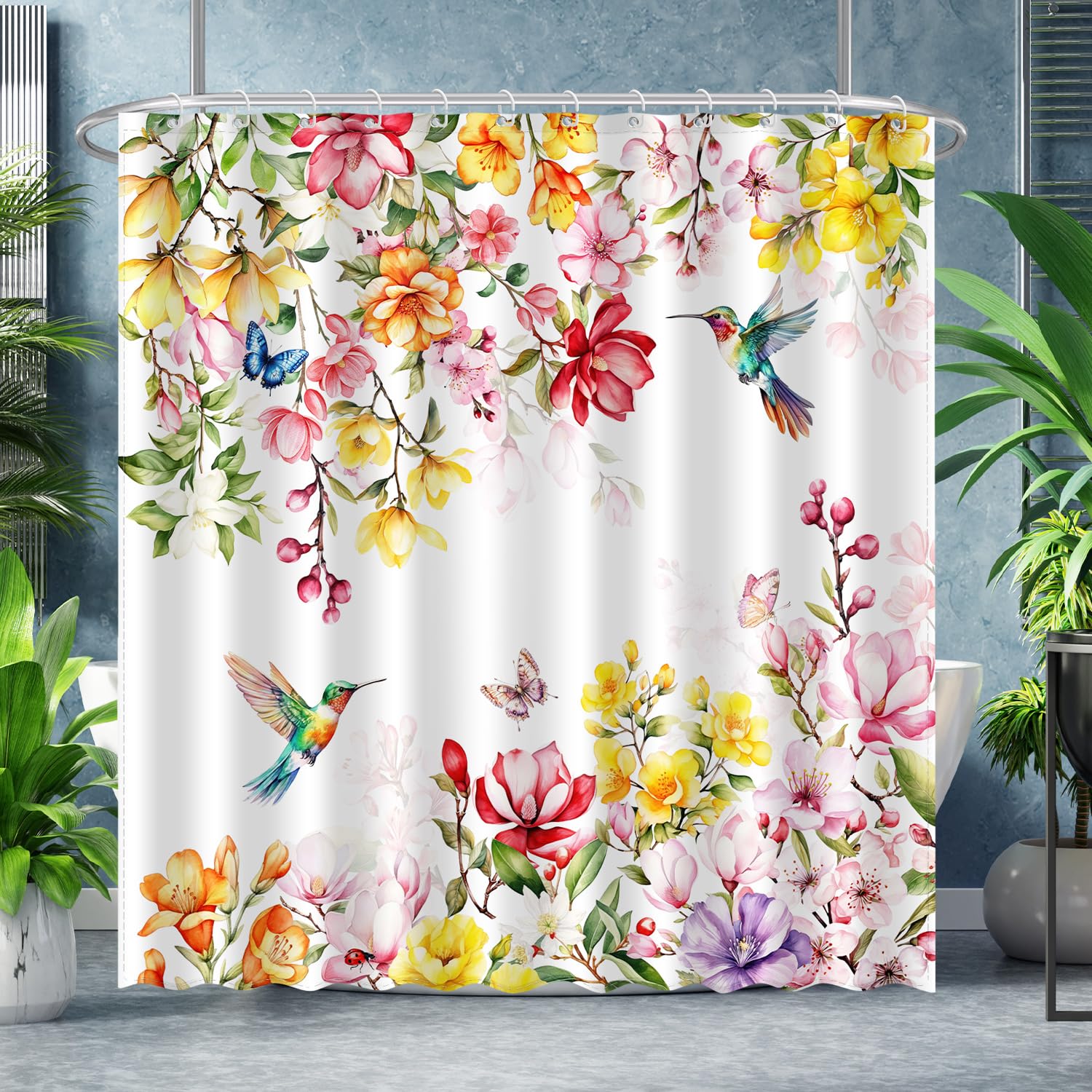 Hummingbird Colorful Flower Shower Curtain, Spring Summer Botanical Floral Leaf Bird Bathroom Decor, Modern Waterproof Fabric Bath Curtain Set with 12 Hooks (Hummingbird 2, 72x72 Inches)