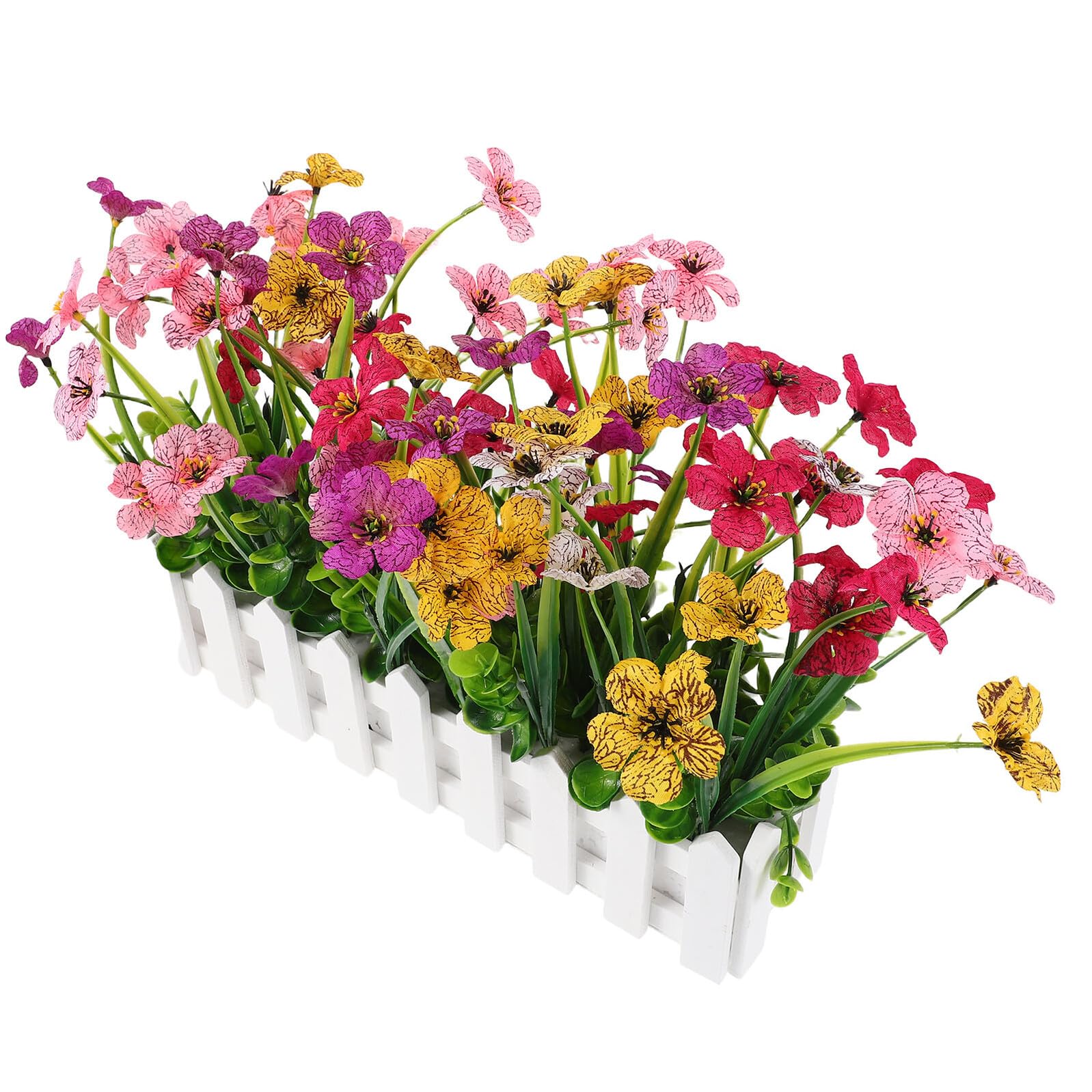 PRETYZOOM Artificial Violet Flowers Faux Plants with Wooden Picket Fence Pot, Indoor and Outdoor Home Decor for Wedding and Spring Events, 30pcs Mixed Violet Silk Flowers Arrangement