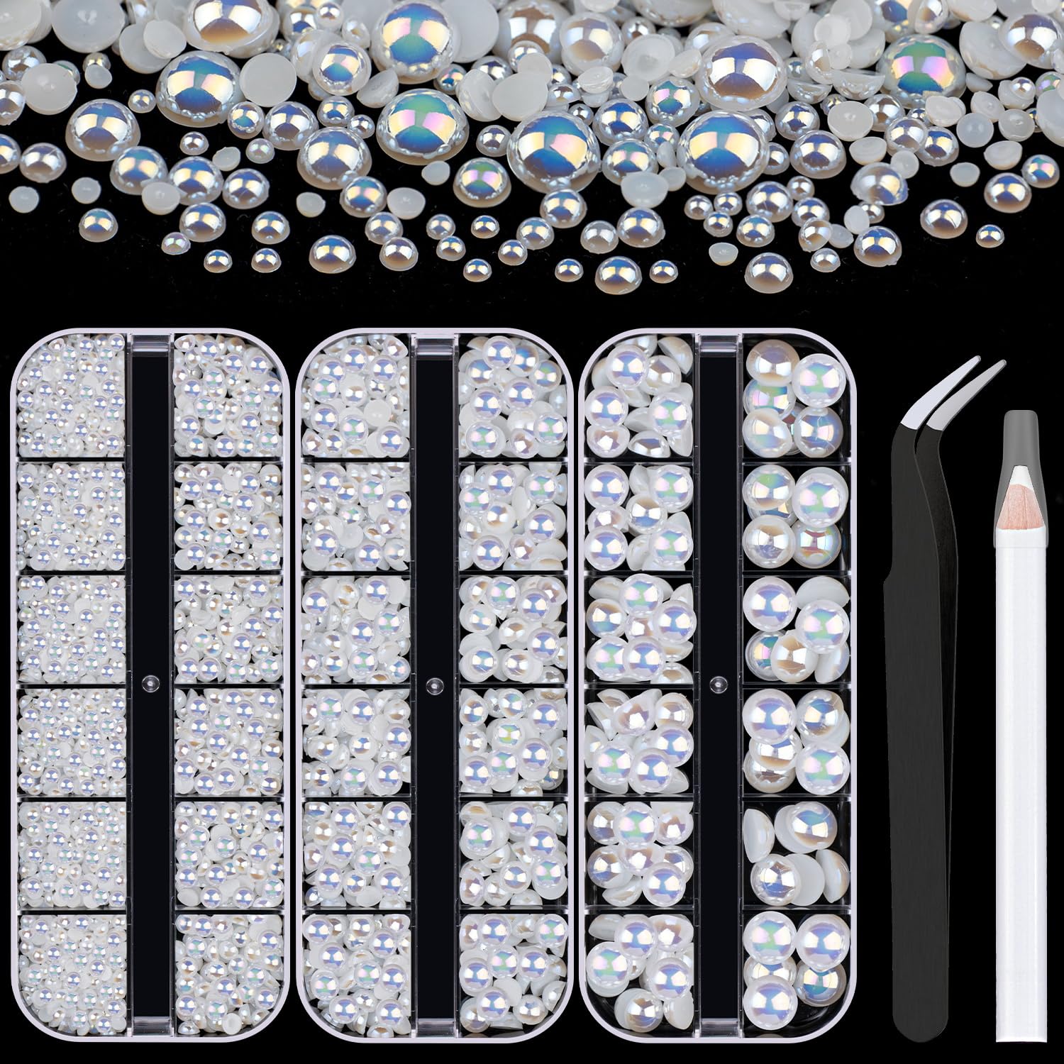 3 Boxes Flat Back AB Pearls Kit 1 Flatback WhiteAB Half Round Pearls 3-10mm with Pickup Pencil and Tweezer for Home DIY and Professional Nail Art, Face Makeup and Craft