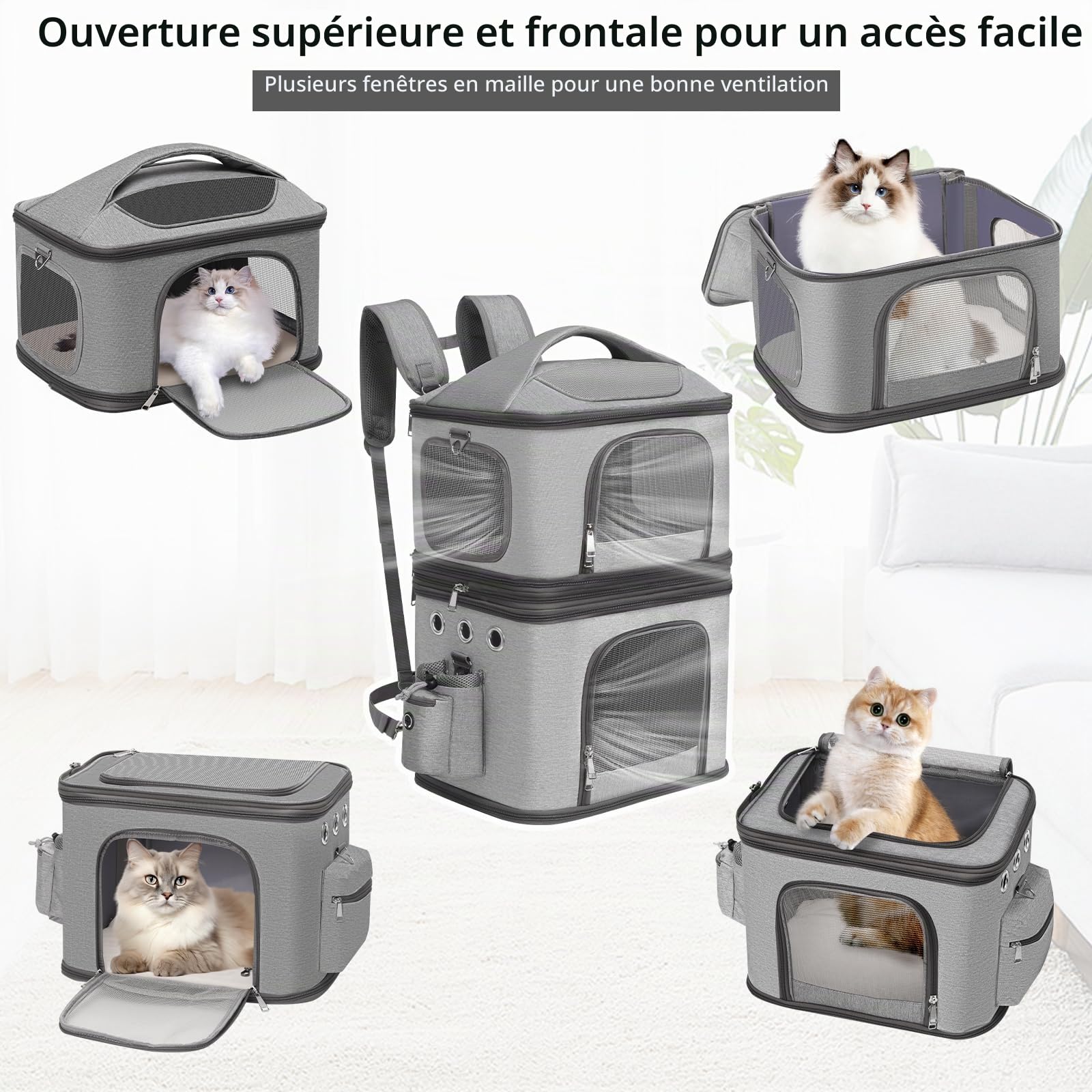 Sac à Dos de Transport pour Animaux à Double Compartiment Amovible, pour 2 Chats ou Petits Chiens, Compartiments supérieur et inférieur séparés, 6 kg par Niveau