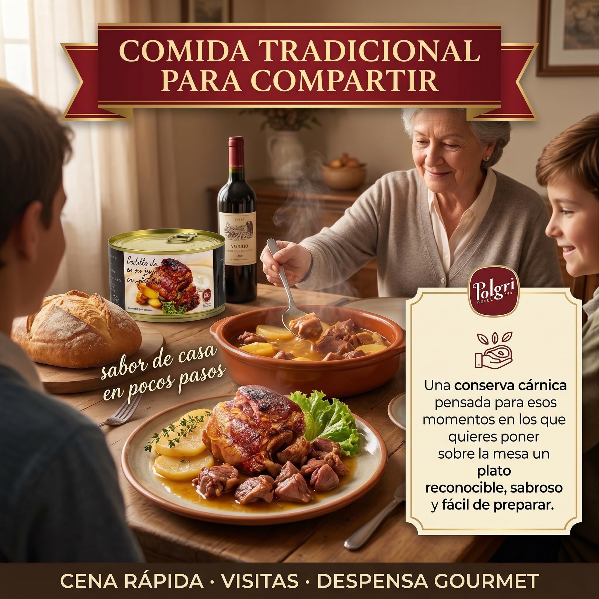 POLGRI Codillo de Cerdo en su Jugo Deshuesado con Patatas Lata 425 g Conserva Carne Cocinada Receta Manchega