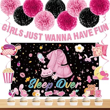 Sleepover Party Supplies for Girls, 23 Pcs Pink Black Girly Slumber Party Decor with Banner Hanging Swirls Backdrop Cake Toppers & Paper Flowers for Girls Night, Birthday, Girls Only Gathering