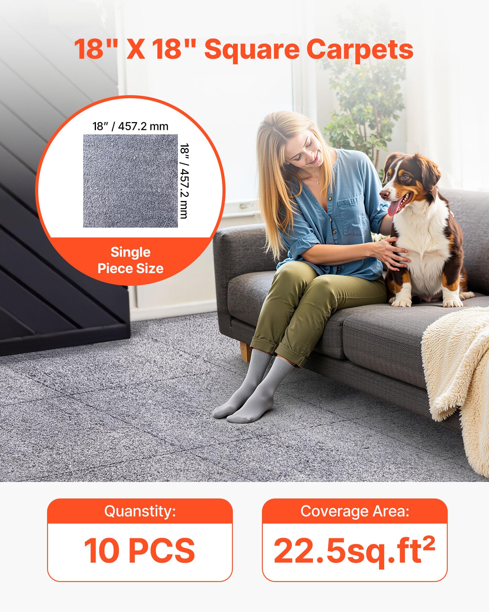 VEVOR Losetas de Alfombra Cuadradas, para Suelo de Moqueta, 457,2 x 457,2 x 12 mm, Autoadhesivas, con Una Superficie de 2,0 m², para Apartamentos, Oficinas, Propiedades de Alquiler, Gris, 10 uds