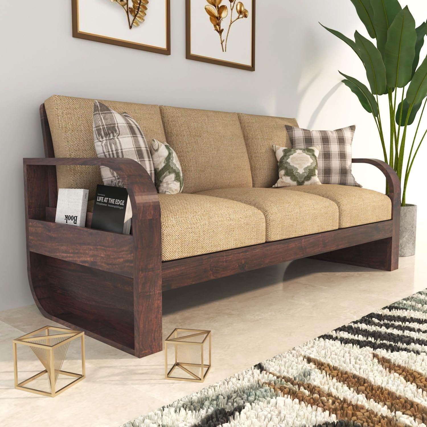 VEER LAXMI FURNITURE Solid Sheesham Wood Wooden 3 Seater Curved Sofa Set with Brown Cushions - 3-Person Sofa (Walnut, 3 Seater)-image-11