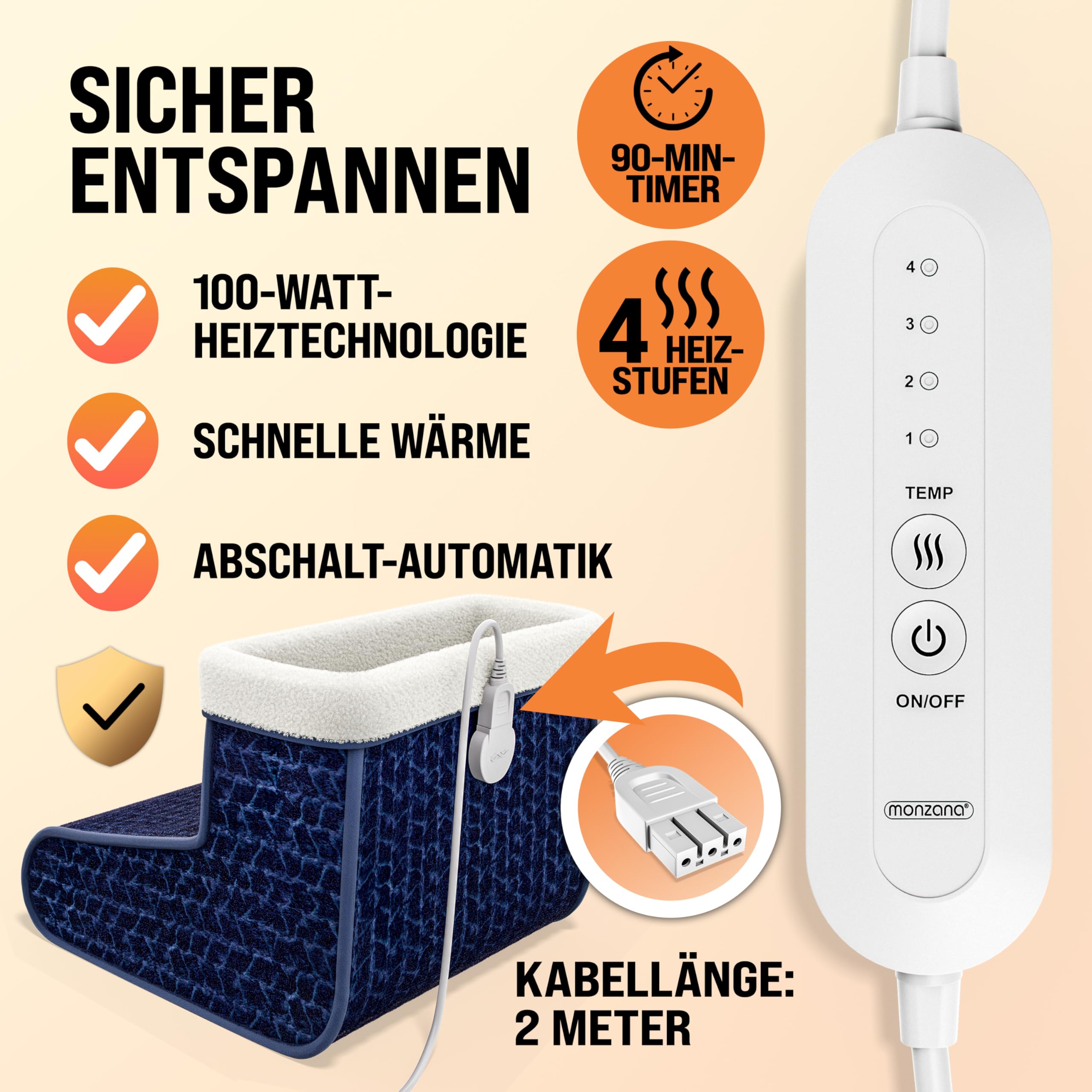 MONZANA® elektrischer Fußwärmer 4 Heizstufen 90min Timer Größe 46,5 Fußheizung Wärmeschuh Überhitzungsschutz waschbar blau