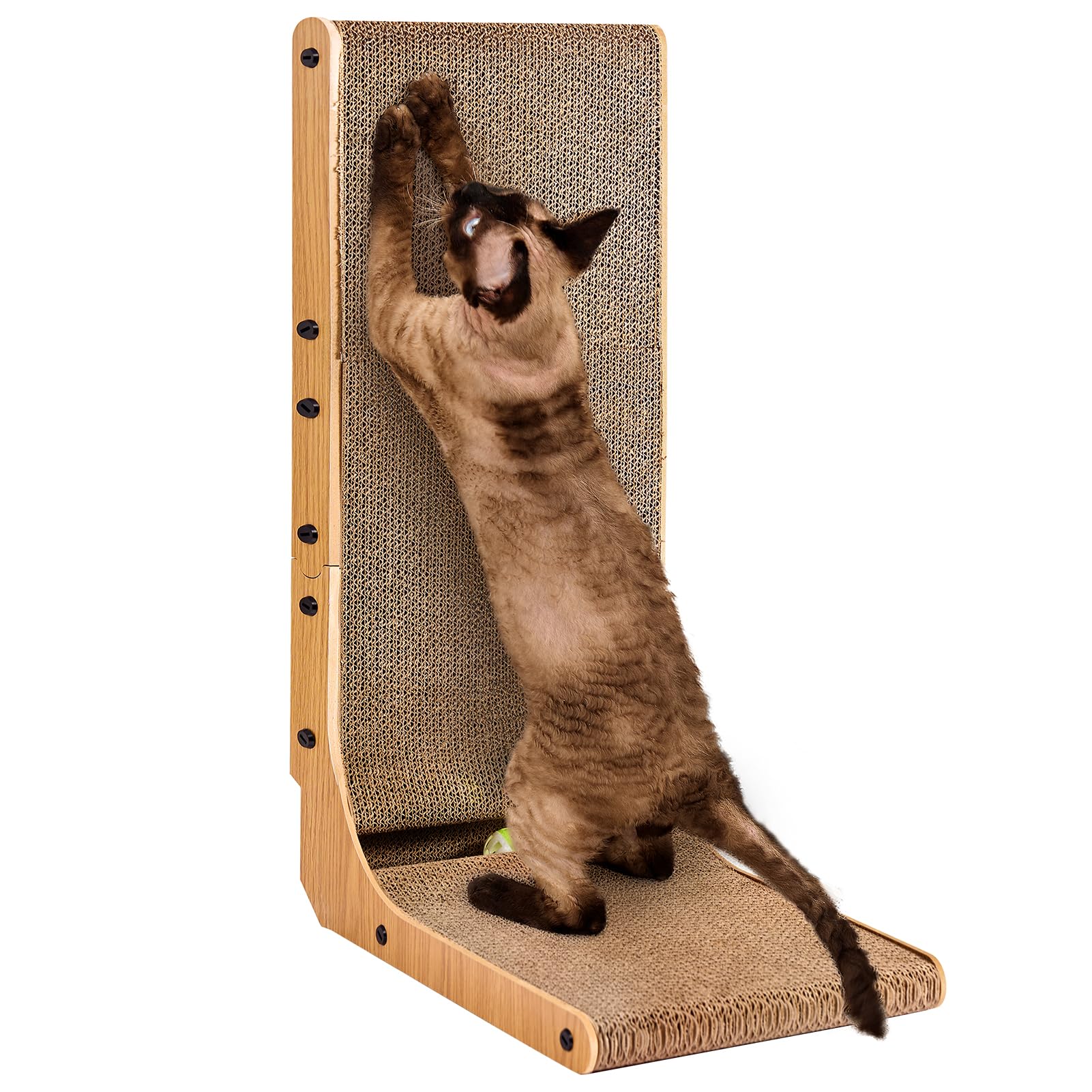 EHEYCIGA Cardboard Cat Scratcher for Indoor Cats, 26.8 Inch L Shaped Vertical Cat Scratching Board with Ball Cat Toy, Large Cat Scratcher Pad, Brown