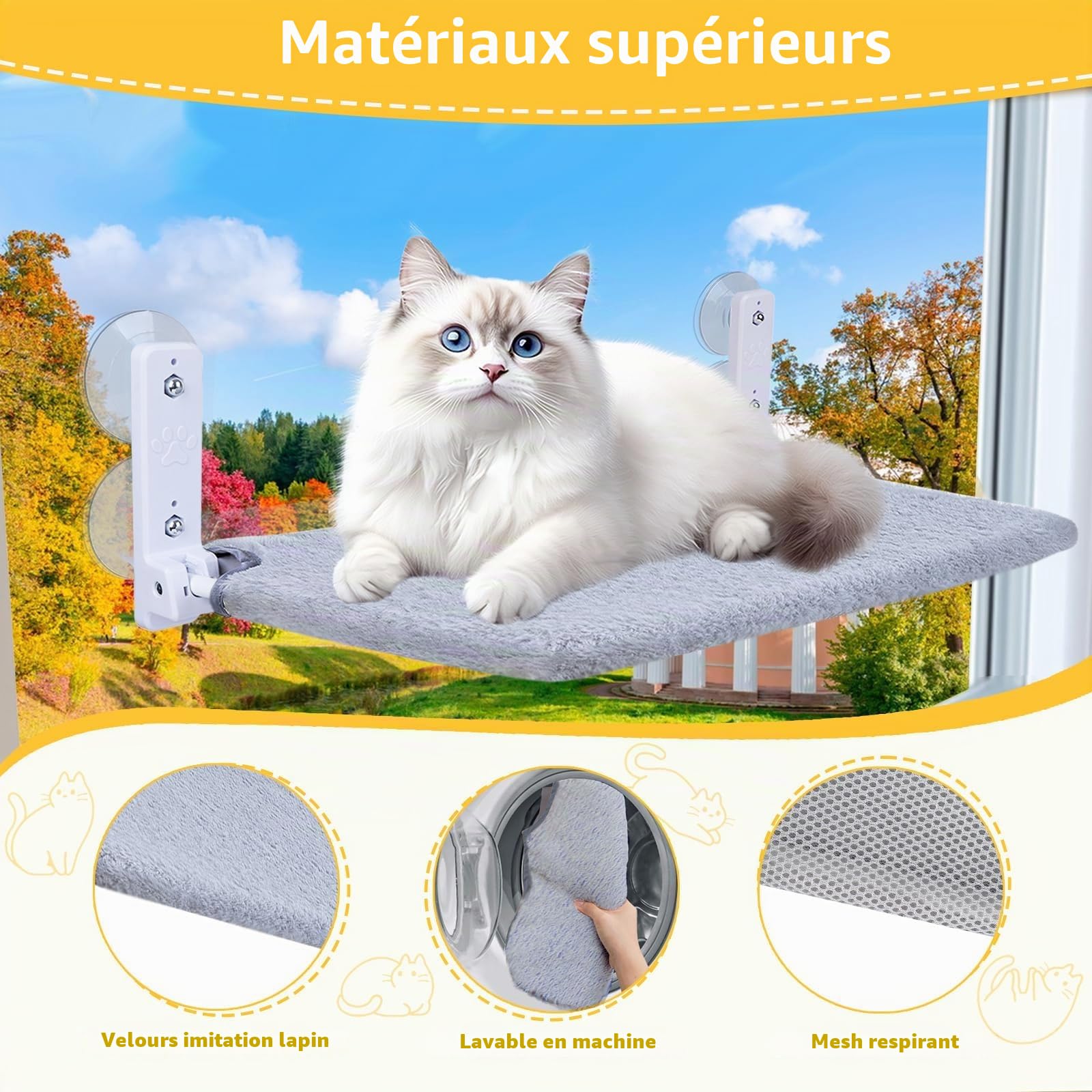 Hamac pour Chat pour fenêtre - 45 x 30 cm - Lit en Peluche - Pliable et Stable - 4 ventouses puissantes jusqu'à 18 kg (Gris-XL)