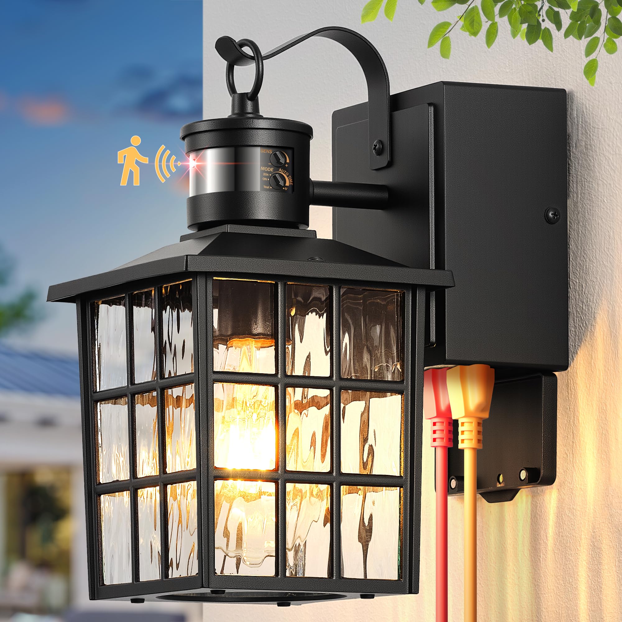 Gleamz Black Motion Sensor Outdoor Wall Lights with GFCI Outlet, Anti-Rust