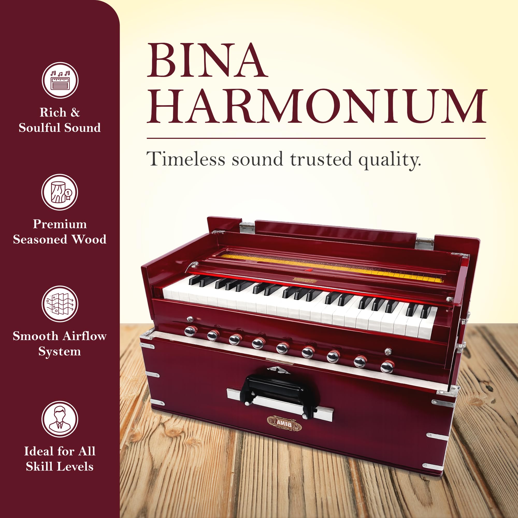 Harmonium BINA Nr. 23B Dx. 3 1/2 Oktaven tragbare Kirsche, 2024 Edition, klein, tragbar, kompakt, Safri, natürliche Farbe, Kirtan, indische Tastatur