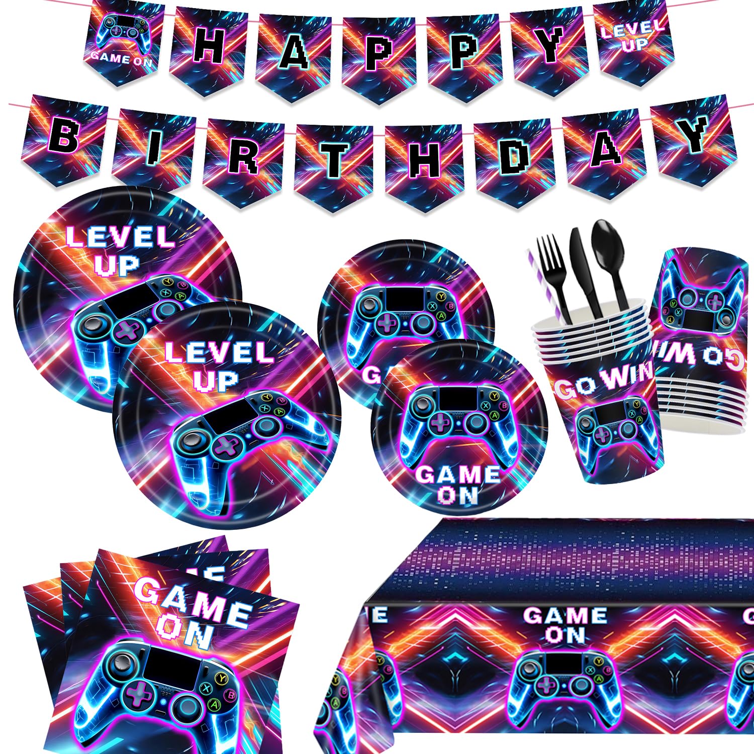 194 Pcs Video Game Party Supplies Serve 24, Includes Game On Neon Themed Tableware, Plates, Napkins, Banner & Tablecloth, Ideal for Gamer Birthday