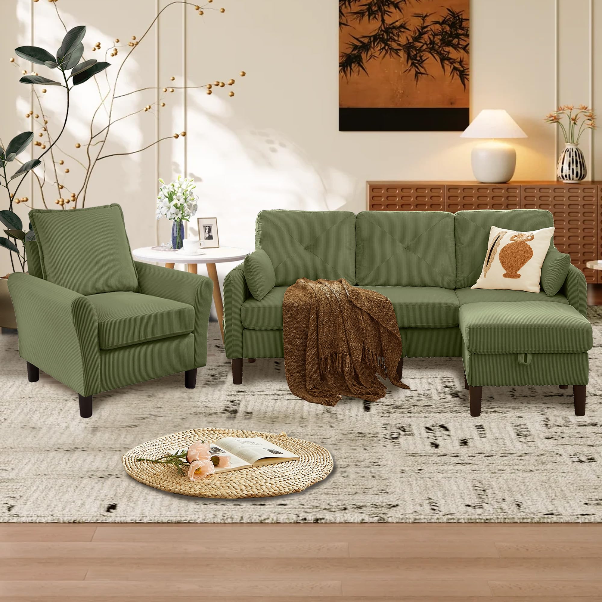 3 Piece Sofa Set for Living Room, 3 Seat &amp; Armchair &amp; Ottoman, Sectional Living Room Furniture Set, Corduroy Couch Sets with Side Pockets, Green
