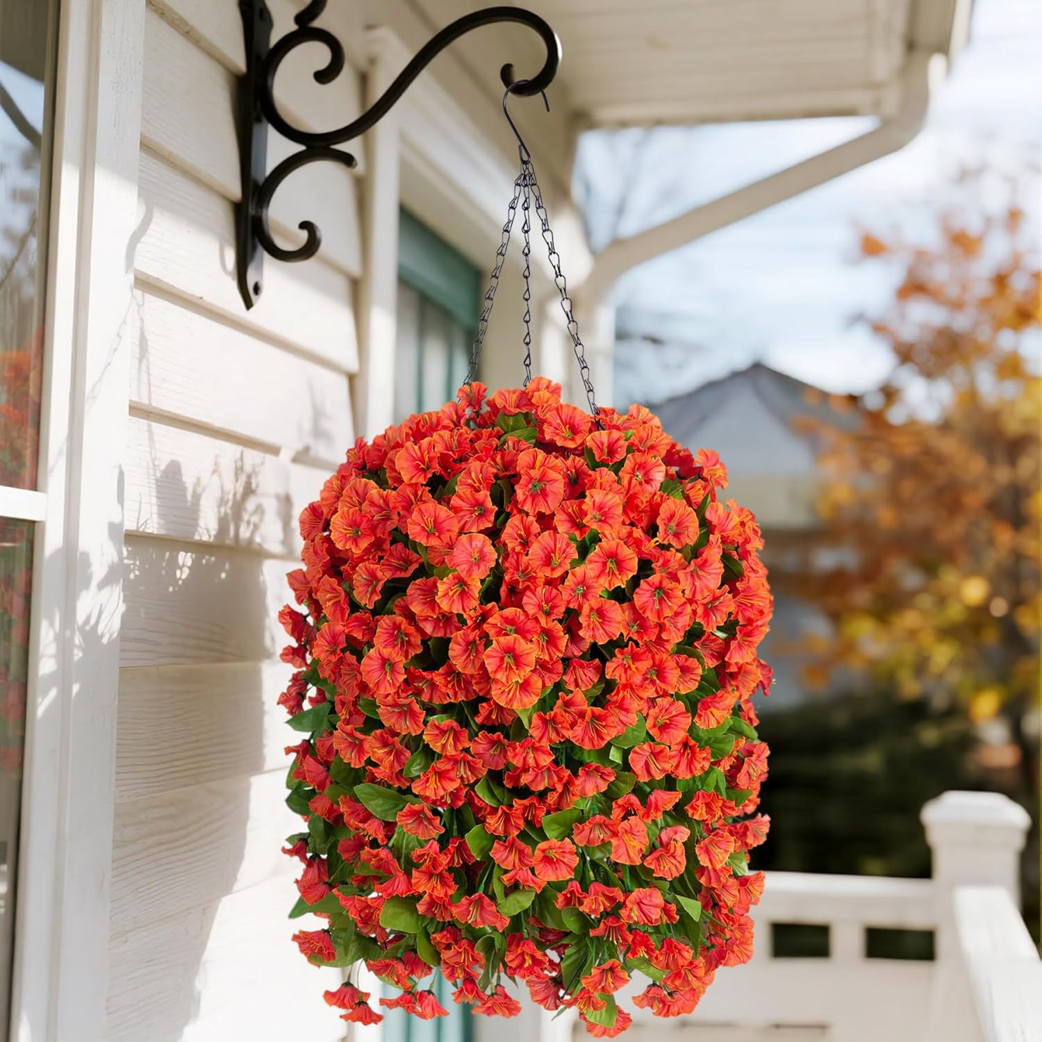 Artificial Faux Hanging Flowers Basket for Fall Outdoor Porch Decor, Fake Silk Colorful Morning Glory Eucalyptus in Planter UV Resistant Look Real for Home Balcony Yard(Orange) - Image 2