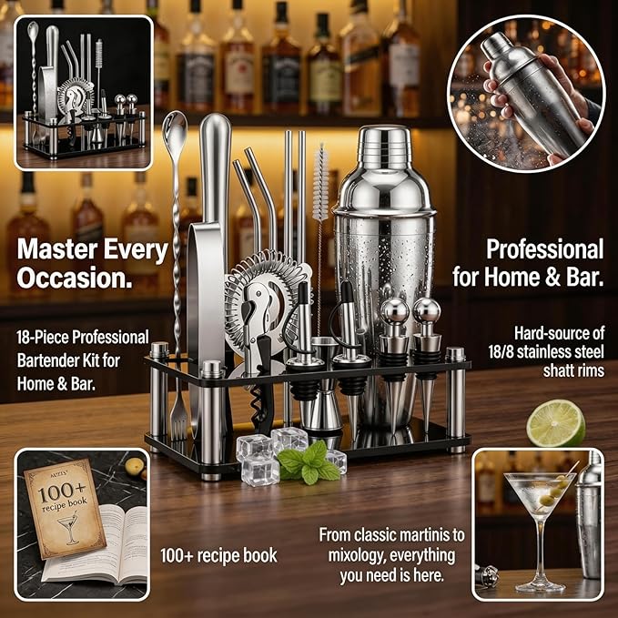 Set de Coctelera de 18 Piezas, Kit de Bartender con Stand de Acrílico miniatura 5