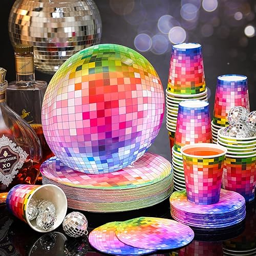 Miniatura 2 de Gerrii Suministros de fiesta de discoteca de los años 70 incluye 50 platos de papel de bola de disco plateados, 50 vasos de papel de discoteca, 50