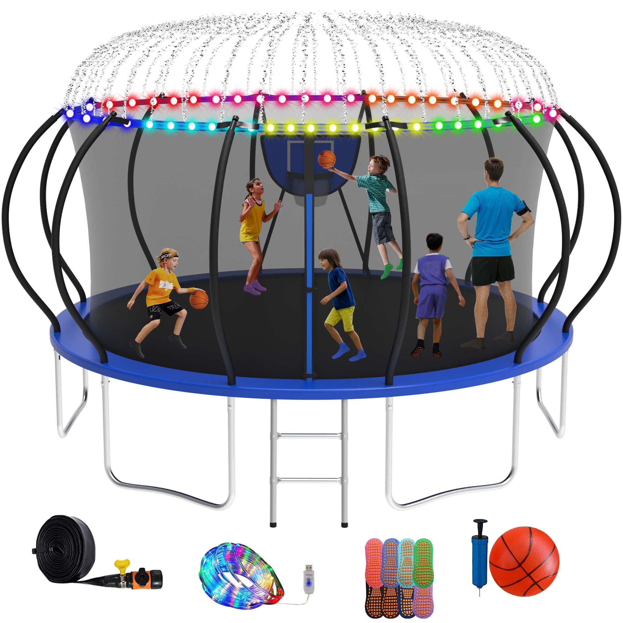 XMIKA 1500LBS Outdoor Trampoline, 16FT 14FT 12FT Trampolines with Light+Sprinkler, Enclosure, Ladder, Curved Poles Recreational Trampoline - ASTM