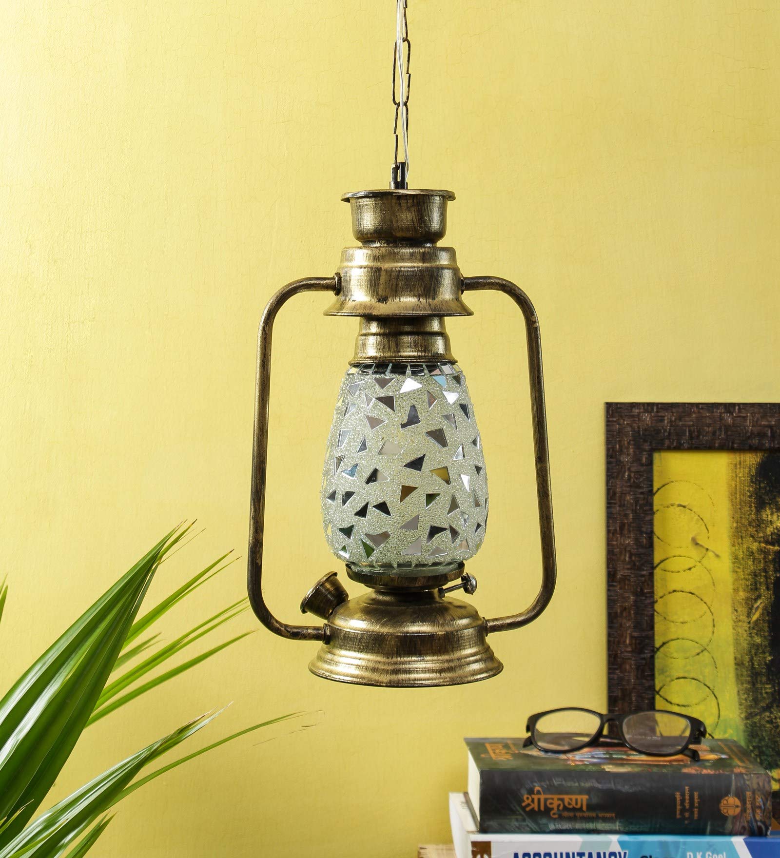 Devansh Golden Mosaic Glass Lantern Hanging (Multicolor)