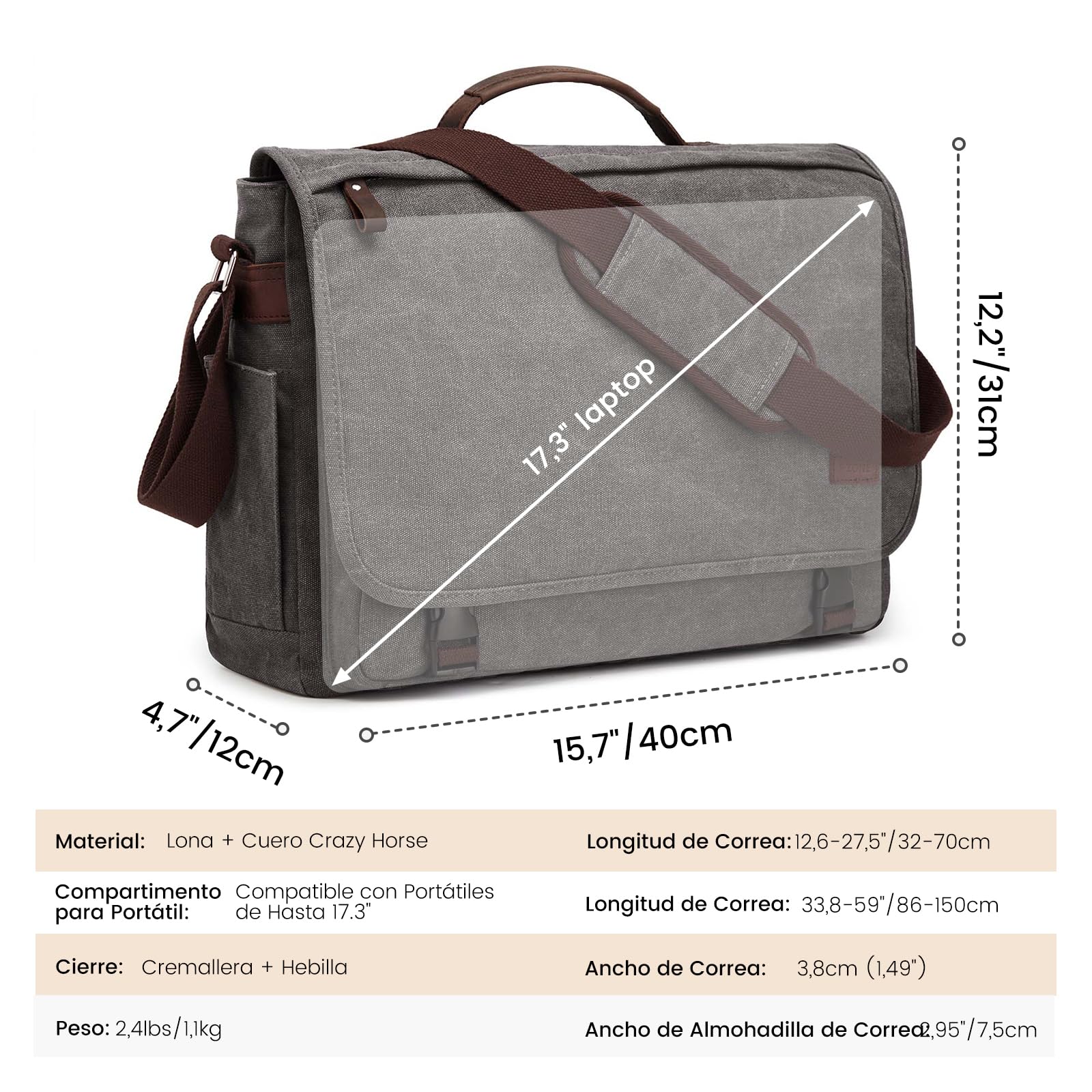S-ZONE Hombre Bolso Bandolera de Gran Tamaño de 17,3 Pulgadas Bolso de Lona para Ordenador Portátil Maletín Bolso de Trabajo con Compartimento para Equipaje