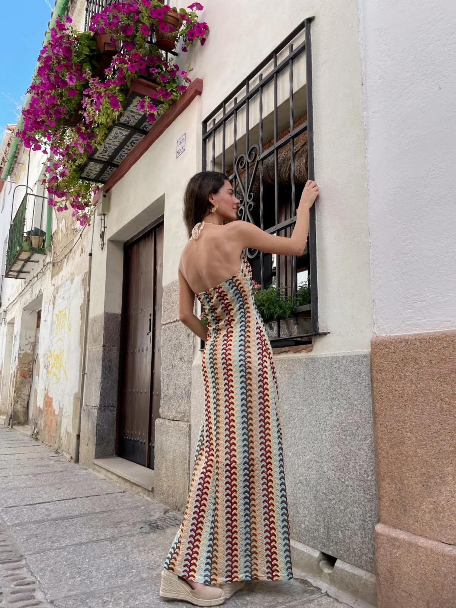 Breezy Lane Damska szydełkowana sukienka maxi seksowna bez pleców w paski bodycon wiązana na szyi dzianinowa letnia plaża wakacje okrycie