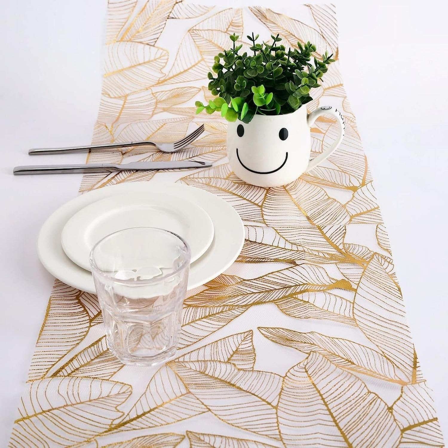 Azonee Table Runner Natural Gold Shiny Organza Net Table Runner Reusable Table Decoration with Leaf for Wedding Family Table Indoor and Outdoor Party Decoration Baby Shower Birthday Party 28*275 cm