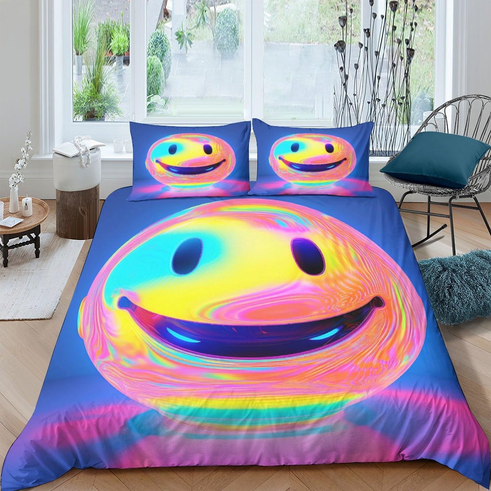 Ctjqhvkz Style-2 3D Printed Vibrant Smiley Face Fitted Sheet Microfiber Colorful Emoji Bed Cover For Bedroom Guest Room Dorm Decor Single（135X200cm）