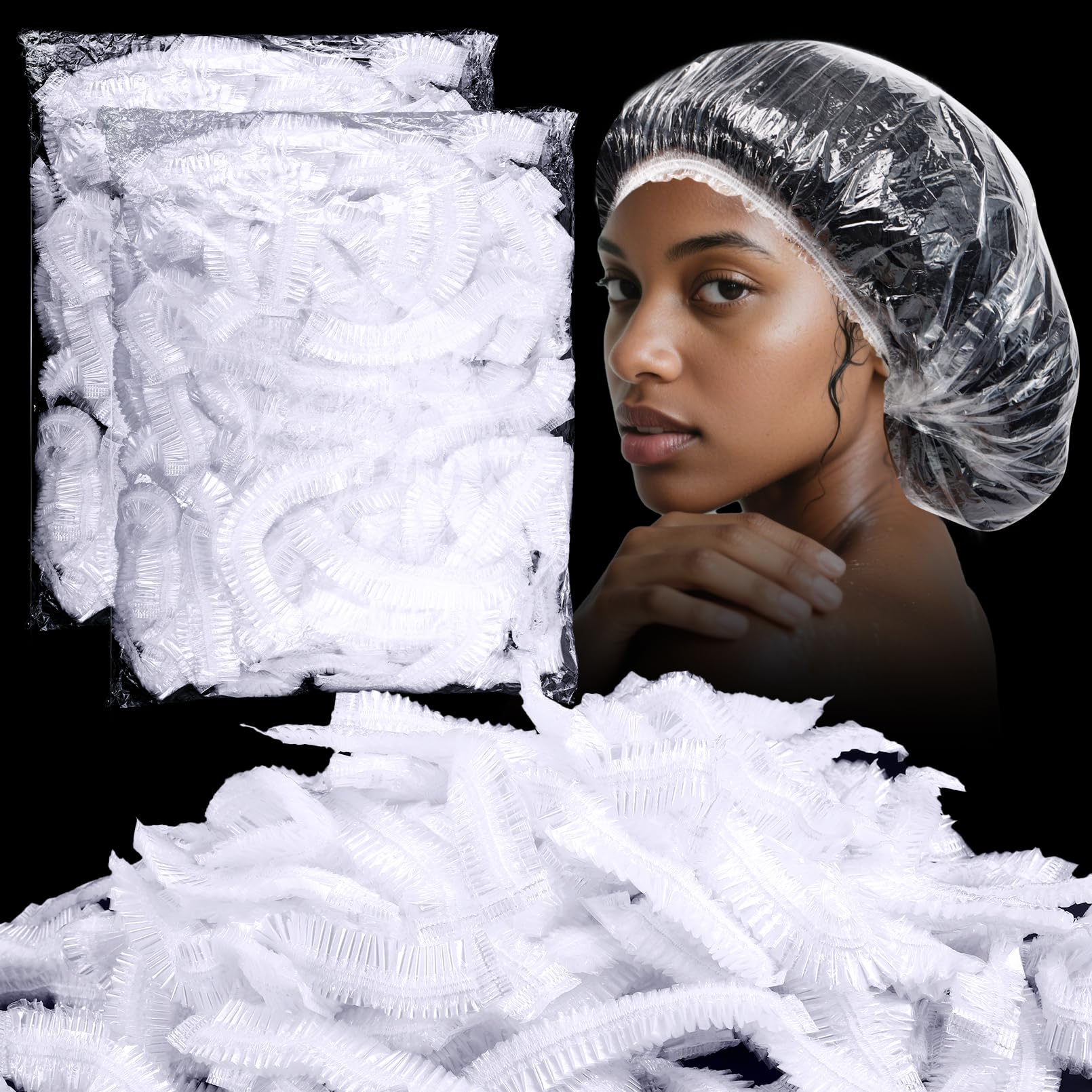 Gdotmely 200 Pcs Disposable Shower Caps,19 Inch Plastic Shower Cap for Women,Elastic Large Thick Waterproof Bath Cap,Plastic Clear Hair Caps for Bathing,Hair Care,Home Use,Salon,Spa,Hotel,Travel