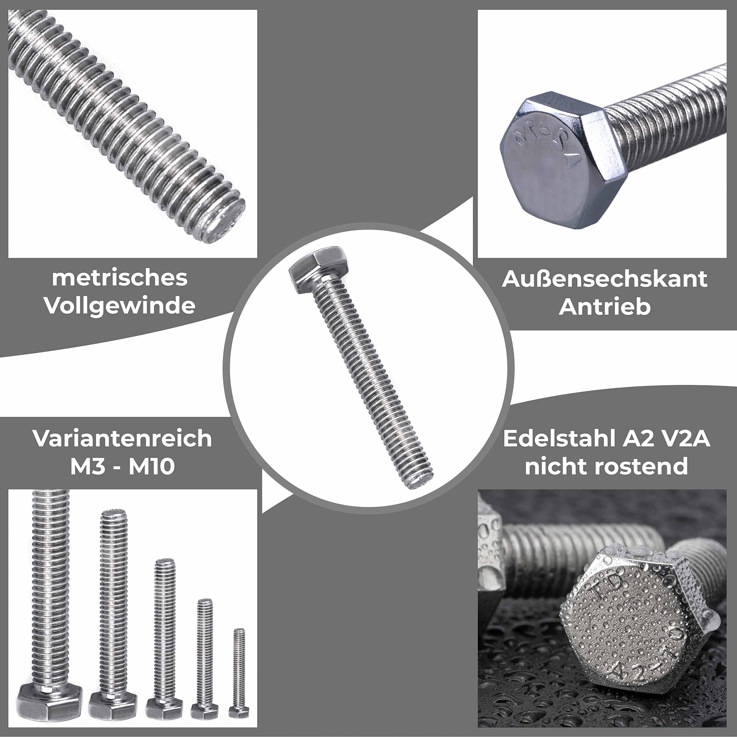 50 Sechskantschrauben M10x130mm Edelstahl A2 V2A Gewinde bis Kopf Vollgewinde Sechskant Schrauben Edelstahlschrauben Gewindeschrauben Maschinenschrauben Außensechskant Schrauben Set DIN 933