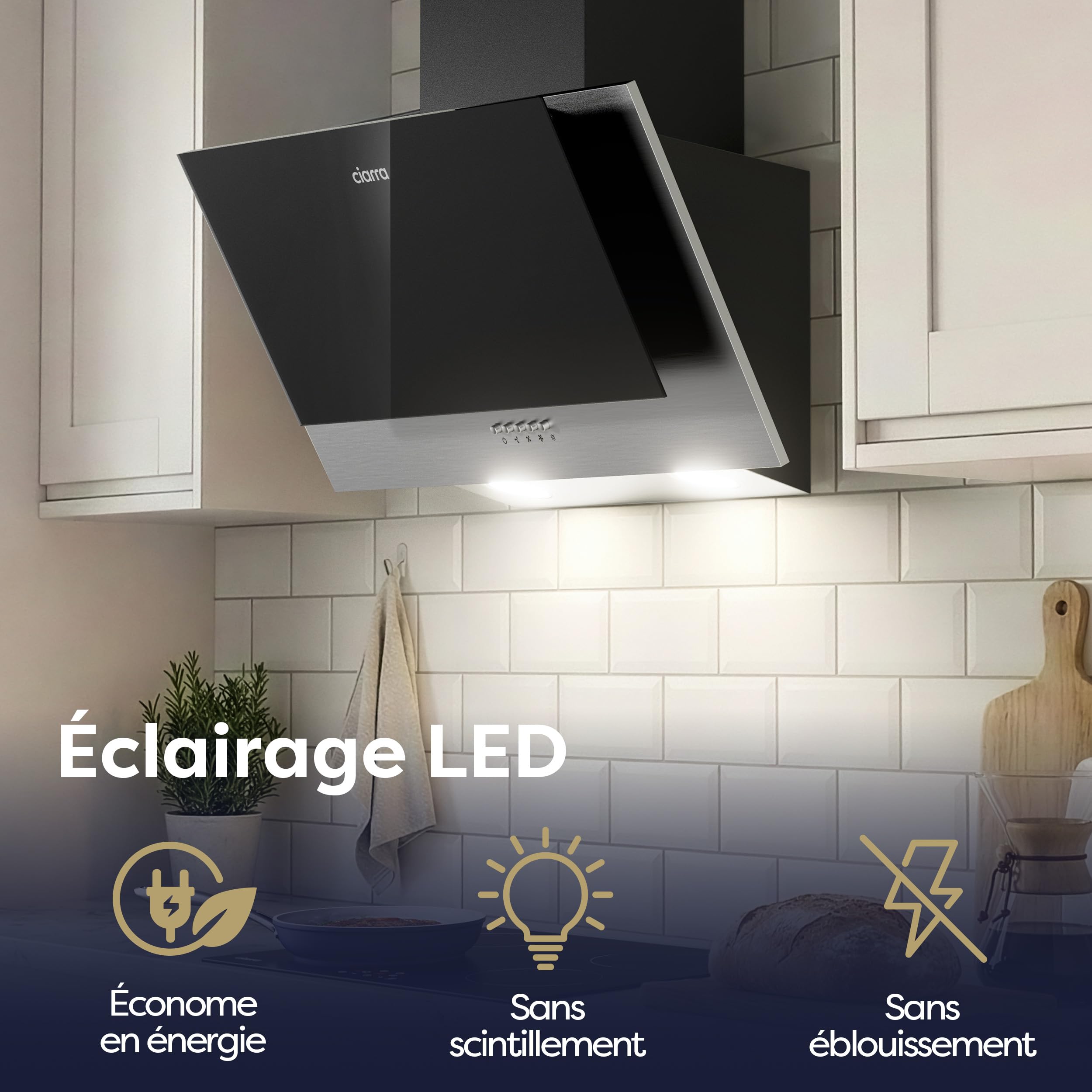 Ciarra Hotte Aspirante Inclinée 60cm 350m³/h Classe A++ Hotte de Cuisine Murale Noire