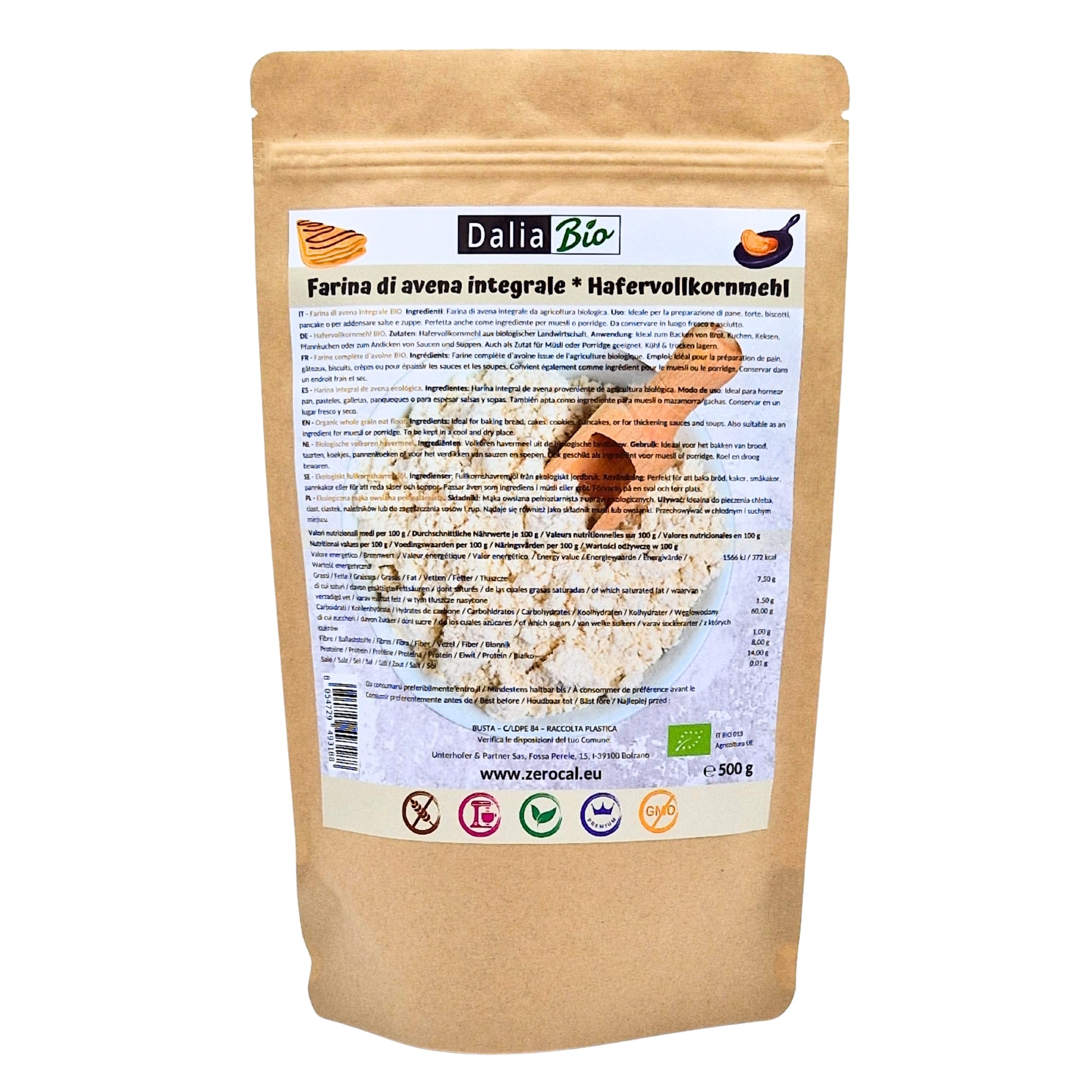 Dalia - Harina Integral de Avena Bio 500g | Sin Gluten | Rica en Fibra y Proteína | Origen Italia | Ideal para Pan, Repostería, Porridge y Recetas Fitness