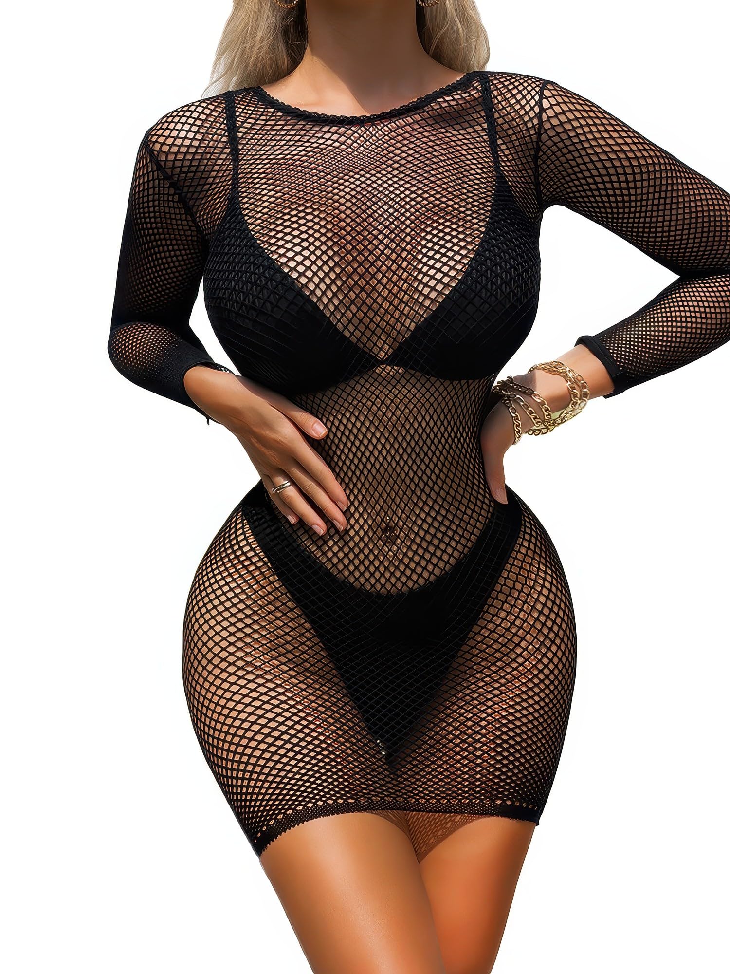 MADSY Fishnet Lingerie Full Body Stockings for Women Sexy Mesh Mini Dress with Long Sleeves, Black, See-Through Beach Cover Up (W735 Black, Free Size)