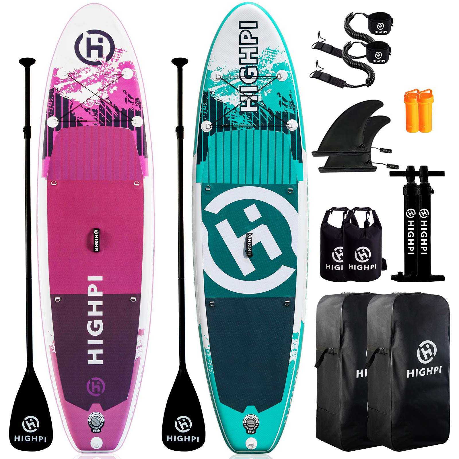HIGHPI Inflatable Stand Up Paddle Boards, 10'6''x32''x6'' SUP with Accessories Backpack Anti-Slip Deck, Leash, Paddle and Hand Pump, Pink&Green Paddle Board Standing Boat for Youth & Adult