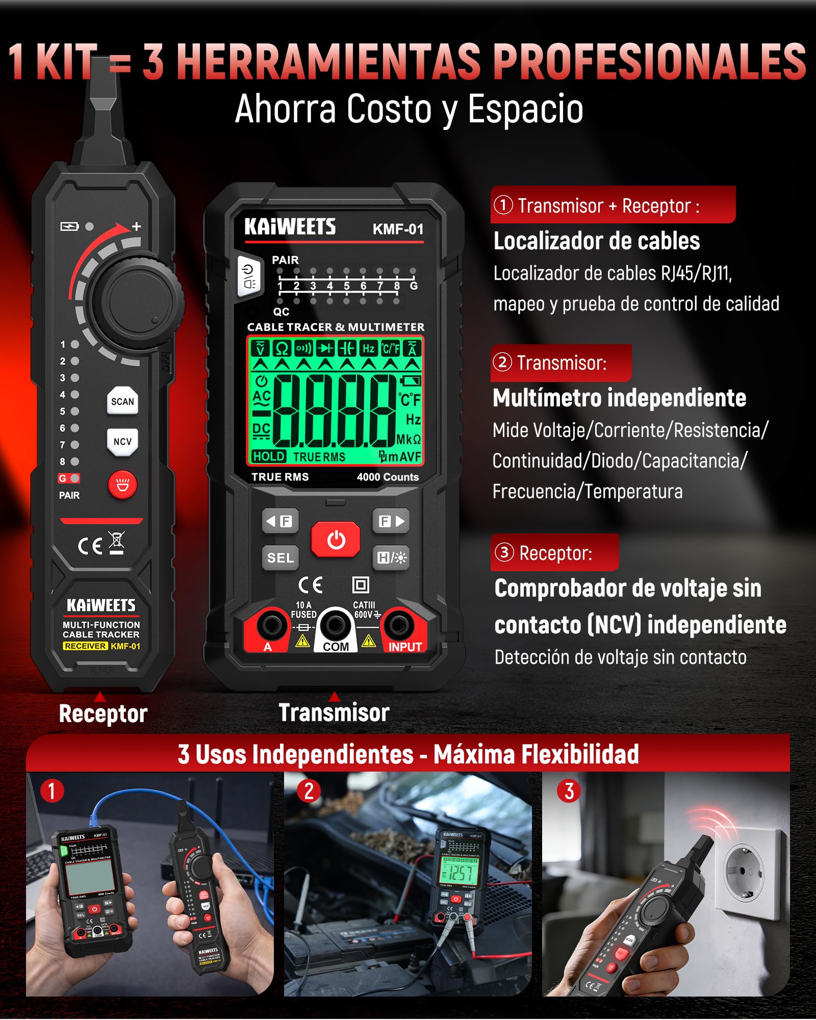 KAIWEETS Multímetro Digital y Localizador de Cables 3 en 1, Polimetro digital Automático 4000 cuentas RMS reales, Lcalizador de Cables RJ45/RJ11 con NCV para Electricistas, Bricolaje Doméstico,Etc