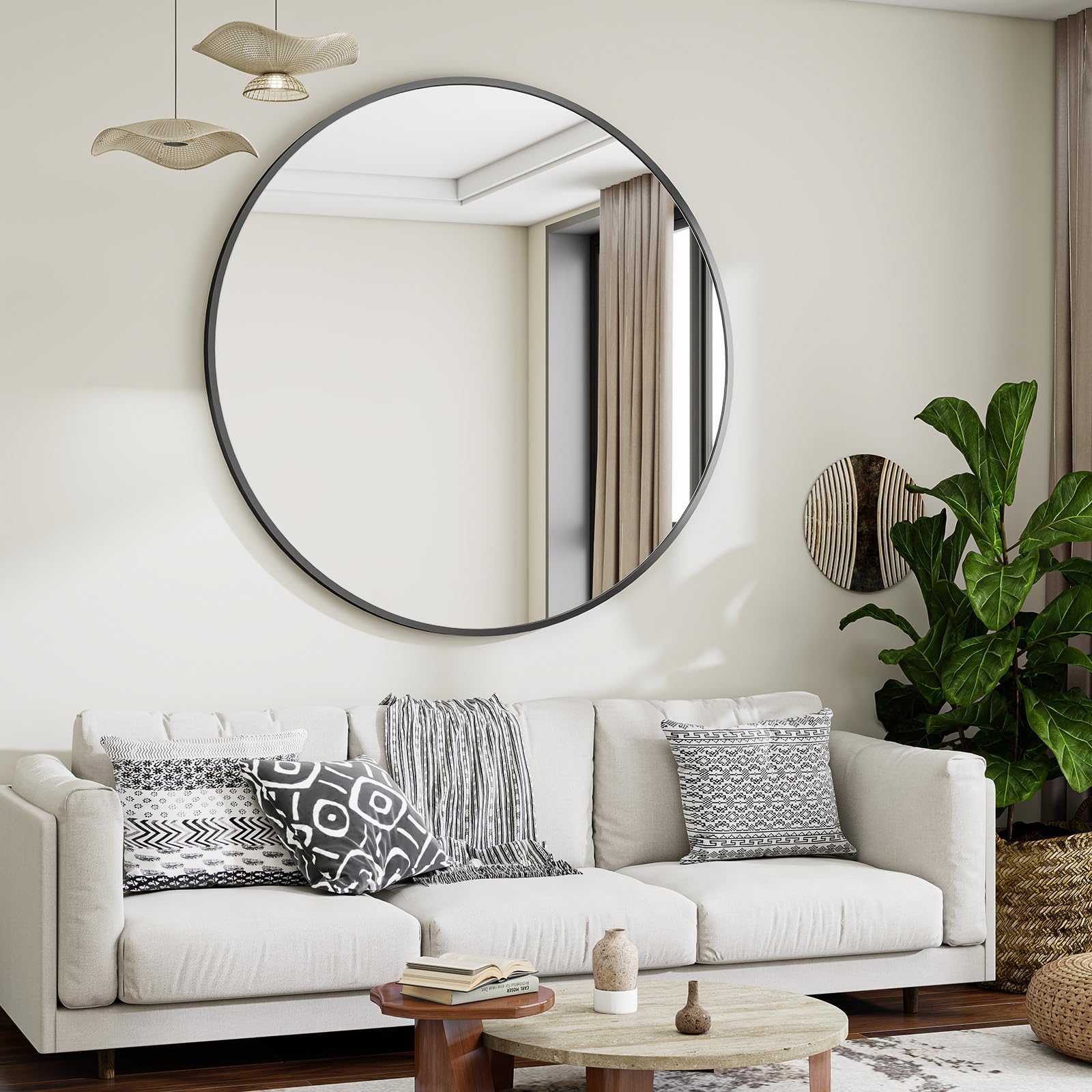 Koonmi Specchio rotondo grande 106 cm nero, specchio da parete rotondo con telaio in lega di alluminio per bagno, lavandino, soggiorno, camera da letto, decorazione da parete d'ingresso