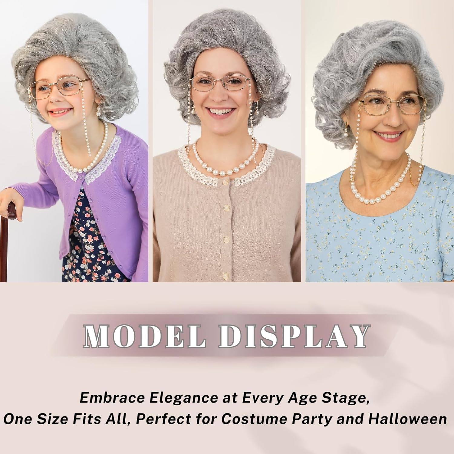 Old Lady Wig Costume Set for Women Short Curly Grandma Wig and Glasses Silver Grey Granny Wigs for Old Woman Cosplay Halloween Party (Silver Grey/Old Lady) - Image 6