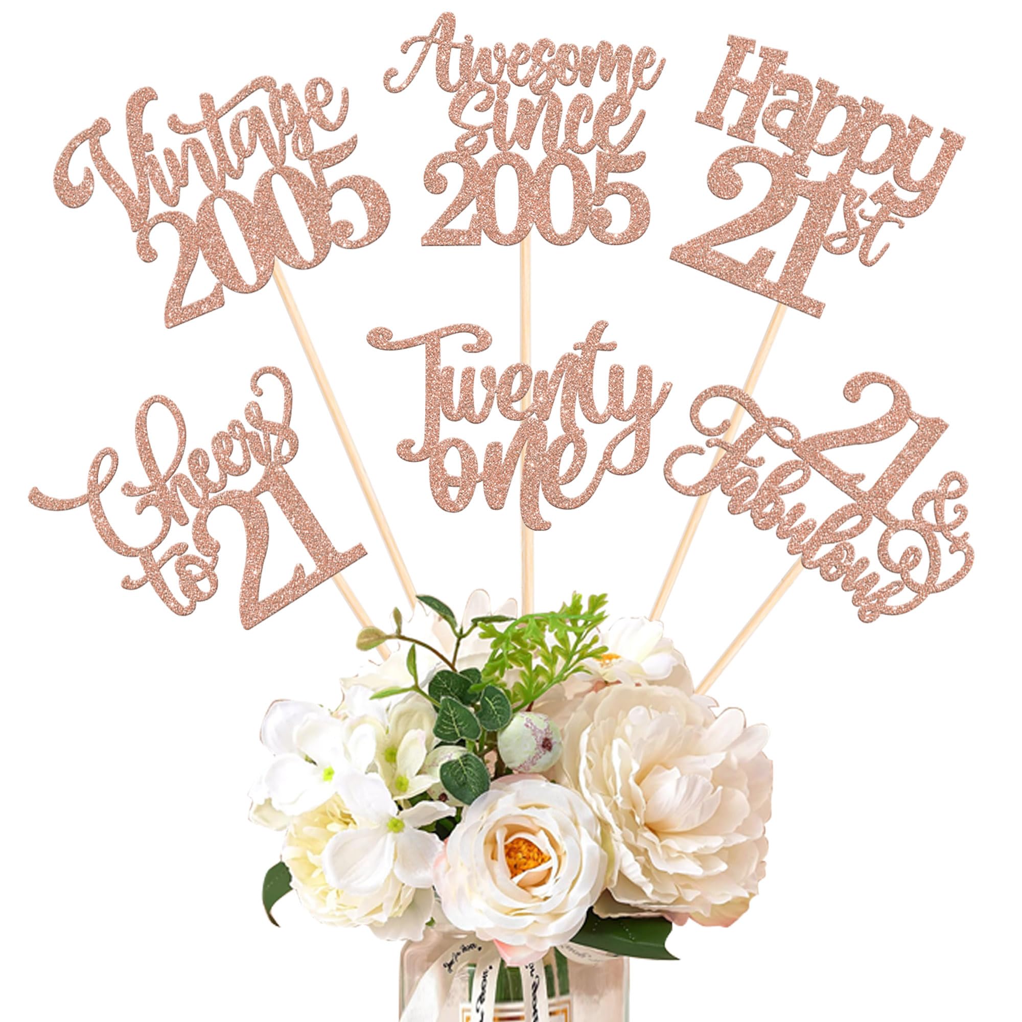 12 Pack Happy 21st Birthday Centerpiece Sticks Assembled Glitter Vintage 2005 Twenty-One 21 Fabulous Awesome Since 2005 Table Flower Centerpiece Sticks for 21 Fabulous Theme Party Supplies