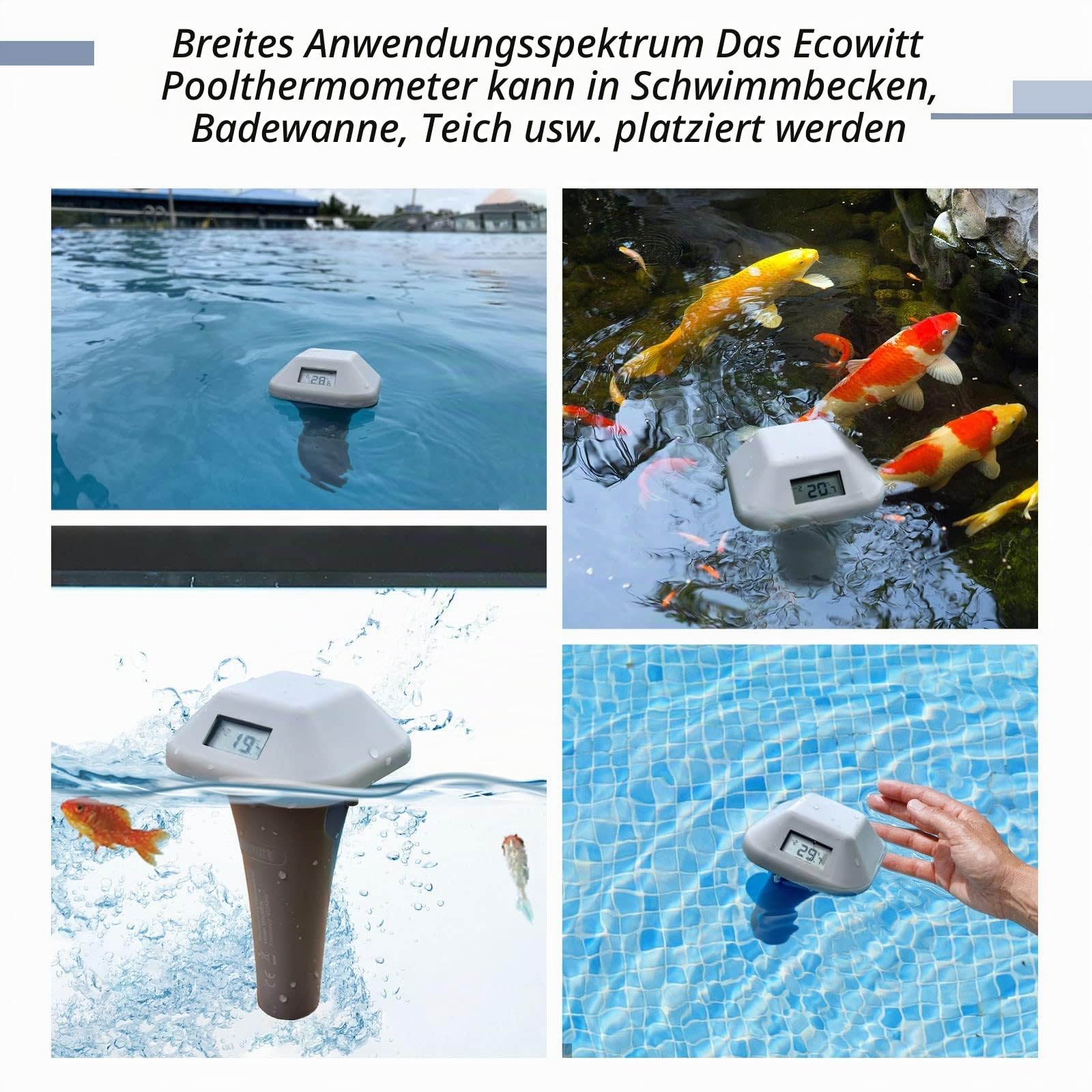Ecowitt Pool Thermometer WN36, schwimmendes, gut ablesbares, kabelloses Pool-Thermometer für Schwimmbäder, Spas und Whirlpools, Unterstützung mehrerer Kanäle für Gateway GW1100/GW2000-Konsolen 868MHZ