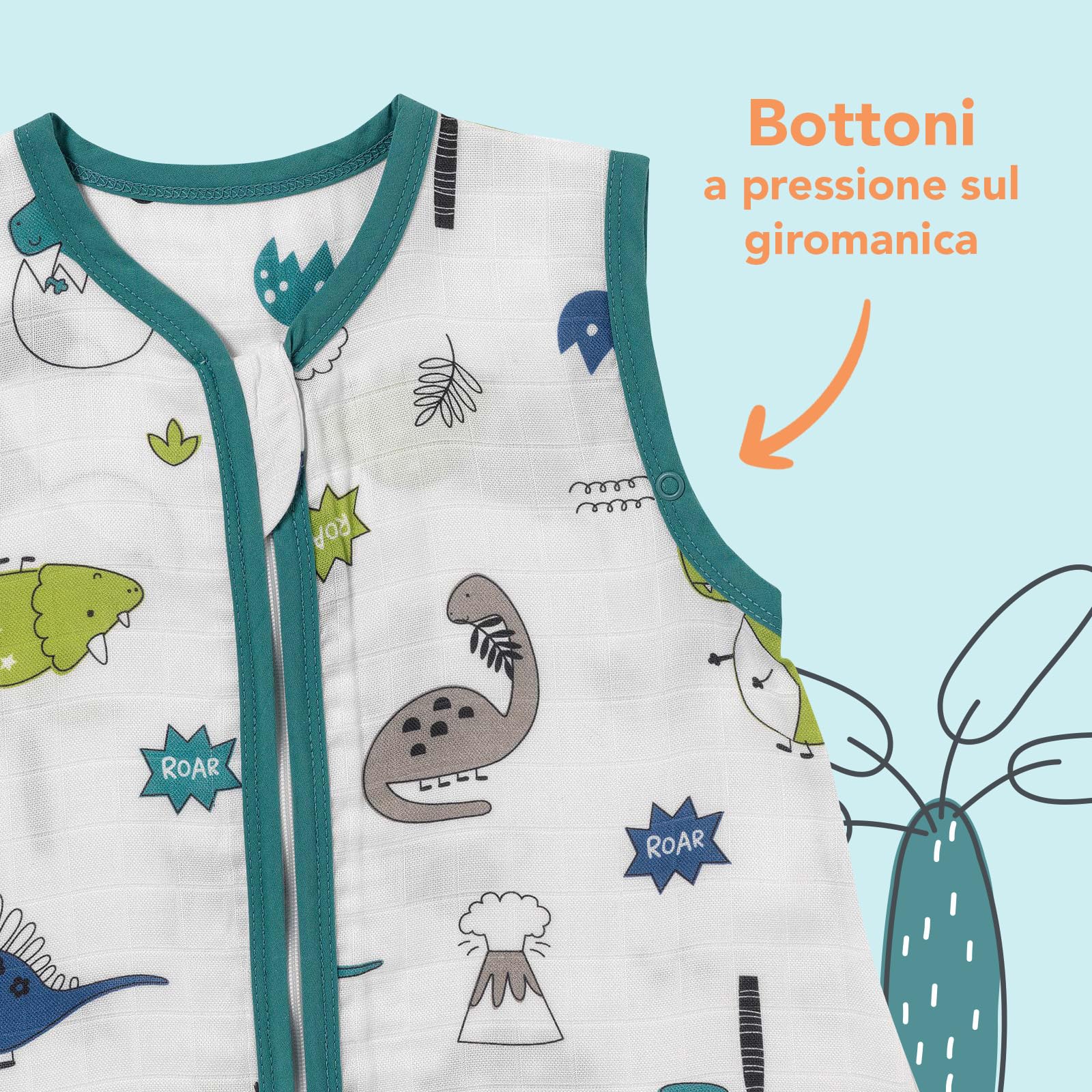 schlummersack Slumbersac Sacco nanna Tog 0.5 110 cm Dinosauro in Mussola | Sacco nanna estivo 18-36 mesi leggero | Sacco a pelo bambini per asilo